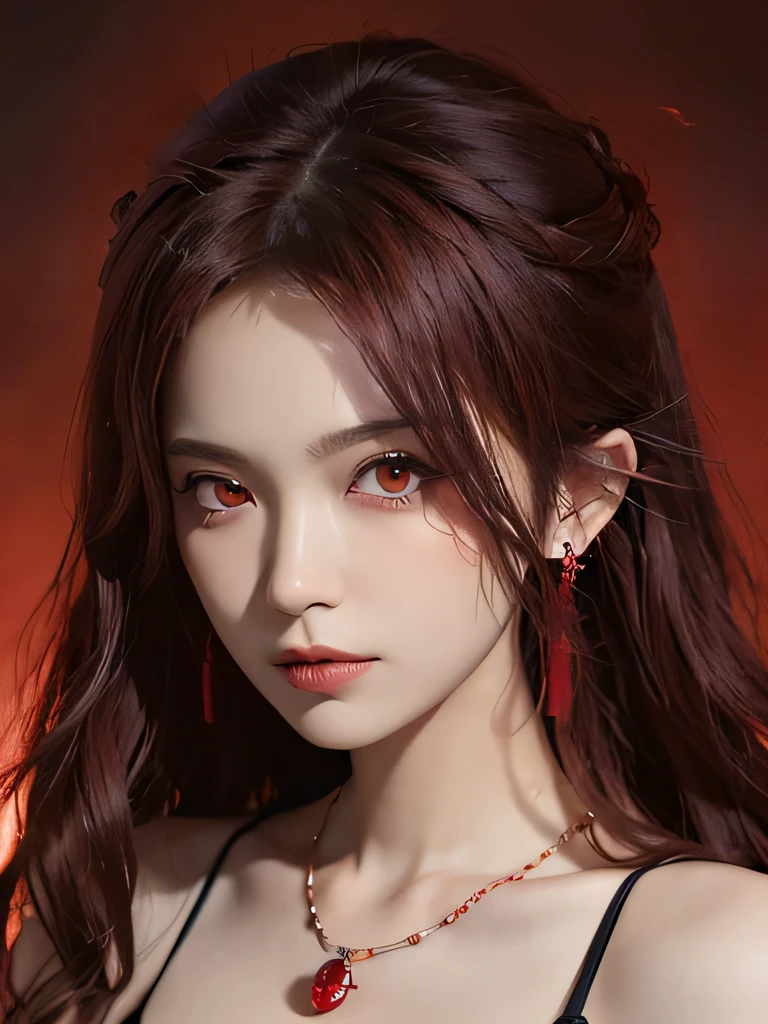 (in the dark:1.6), Surrealist female portraits by David Hockney and Alphonse Mucha,fantasy art, 4k, Award history,, 1 girl, in the dark, deep shadow, private key,cowboy shot,(formal attire:1.4) ,long wavy hair,redhead,clavicle、flame background、redhead、red background、red spirit clothes、earrings、necklace、red tattoo、red eyes、she is a spirit、red eyes、bright red eyes、Big red eyes、close up of face、red eyes、bright red eyes、Red contact、