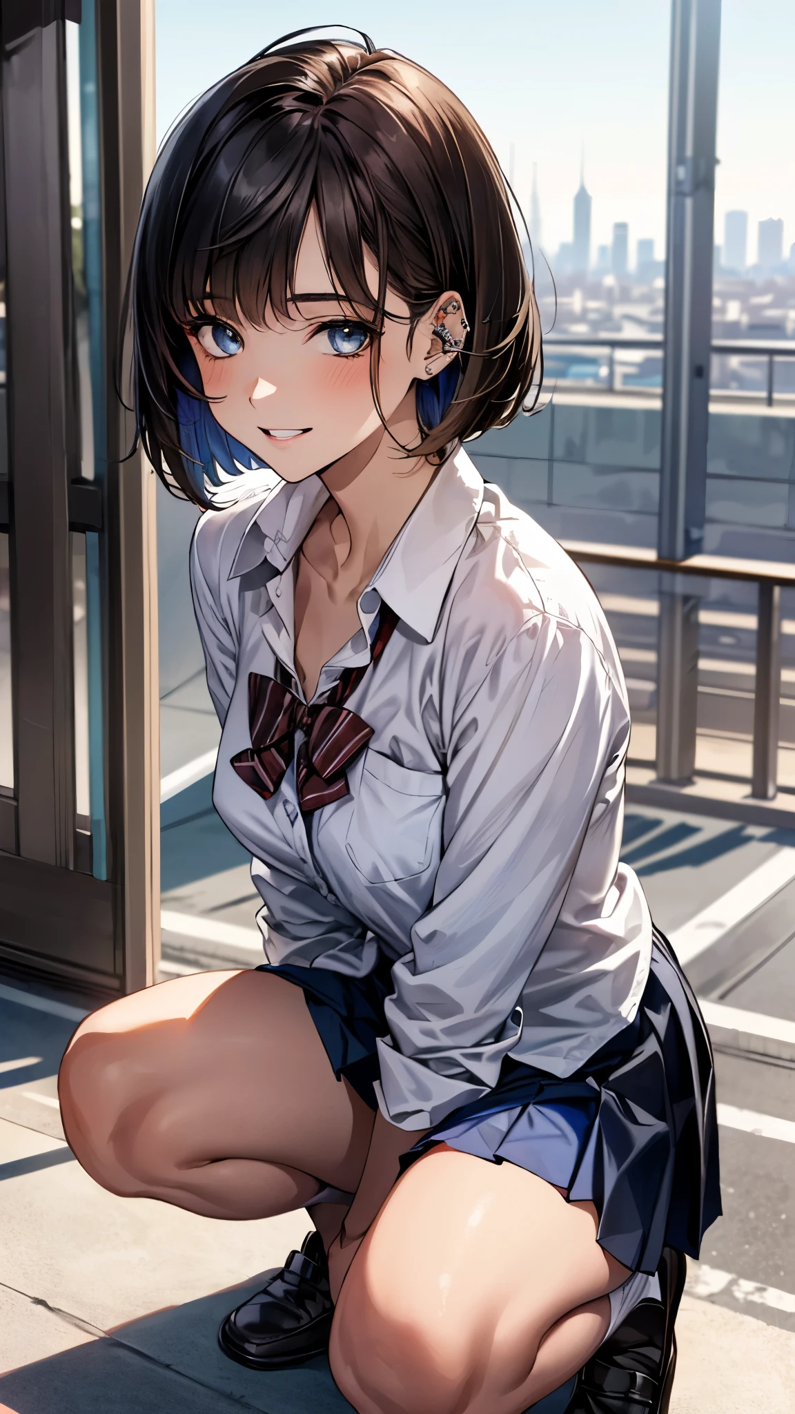 (masterpiece:1.2, top-quality), (realistic, photorealistic:1.4), beautiful illustration, (natural side lighting, movie lighting), nsfw, 
looking at viewer, full body esbian, front view:0.6, 1 girl, japanese, high school girl, perfect face, cute and symmetrical face, shiny skin, 
(short hair:1.5), brown hair, bangs, hair between eyes, long eye lasher, large breasts:0.8, 
beautiful hair, beautiful face, beautiful detailed eyes, beautiful clavicle, beautiful body, beautiful chest, beautiful thigh, beautiful legs, beautiful fingers, 
((collared shirt, white shirt, school uniform, cardigan, grey checked pleated skirt, blue plaid bow tie)), white panties, 
(beautiful scenery), evening, (down town), squatting, (cute, lovely smile),