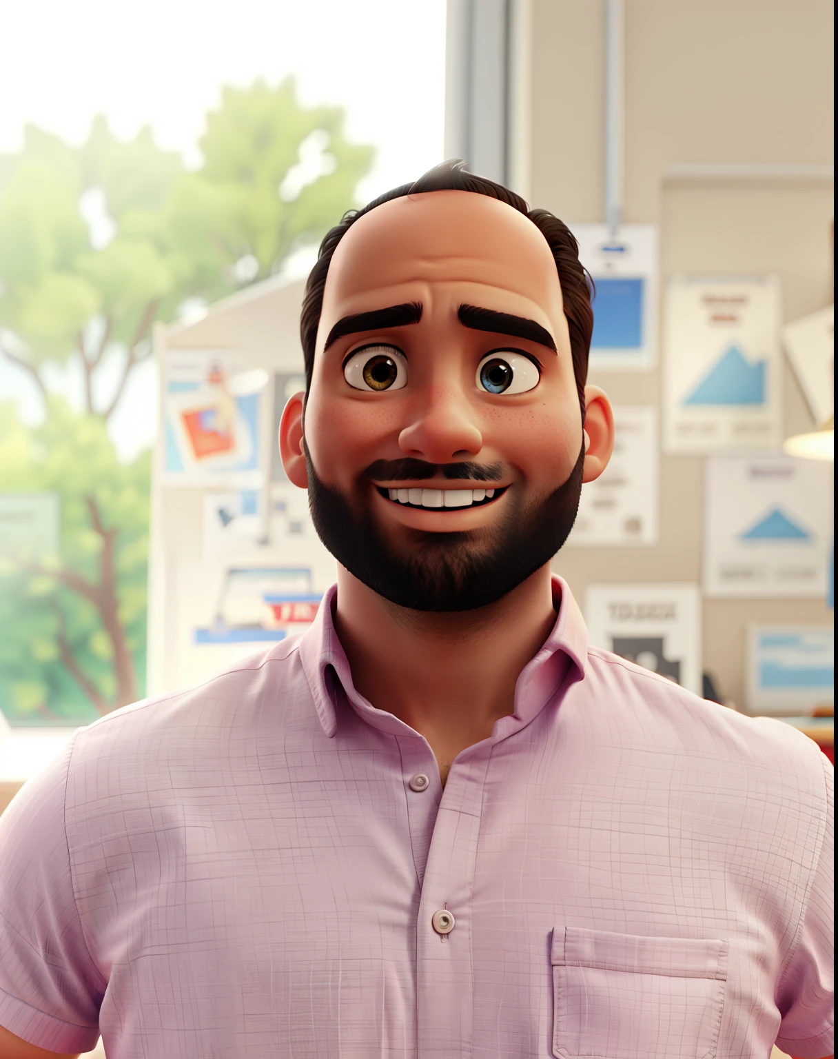 Poster in the Disney Pixar style, Driving-school teacher, with orange t-shirt. High quality image