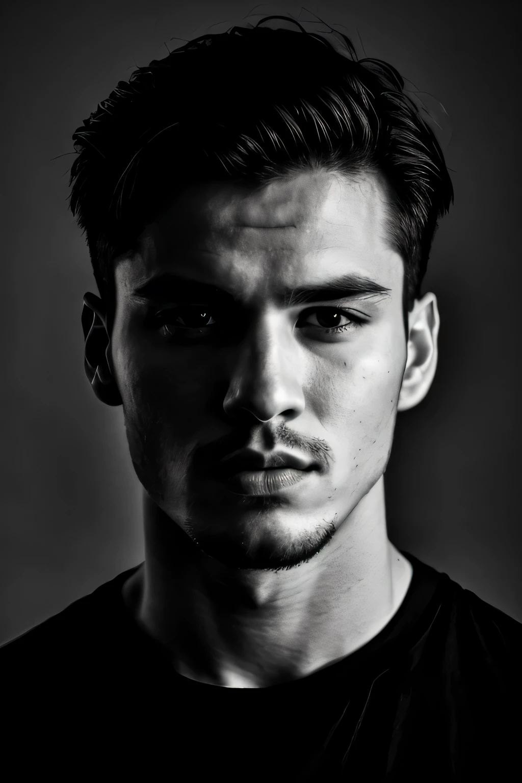 RAW photo, face portrait photo of very handsome 26 y.o male, serious cold face, sharp jawline, stubble, full lips, dark romance very handsome male character like, wearing black t-shirt, oval face, hard shadows, cinematic shot, dramatic lighting