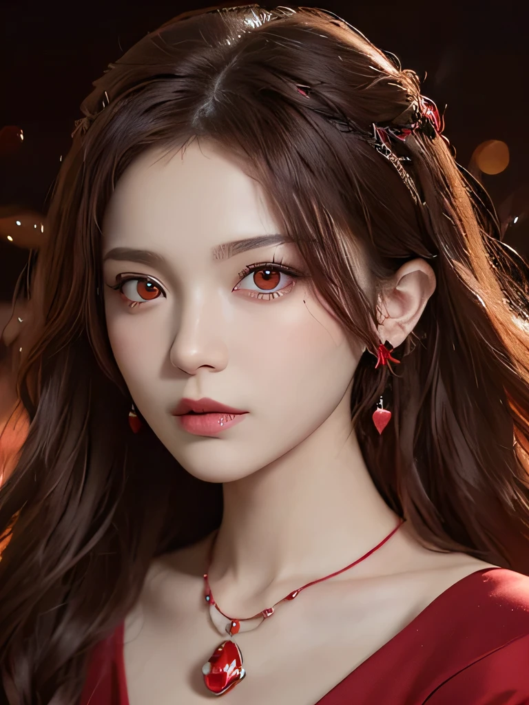 (in the dark:1.6), Surrealist female portraits by David Hockney and Alphonse Mucha,fantasy art, 4k, Award history,, 1 girl, in the dark, deep shadow, secret key,cowboy shot,(Formal wear:1.4) ,long wavy hair,redhead,clavicle、flame background、redhead、red background、red spirit clothes、earrings、necklace、red tattoo、red eyes、she is a spirit、close up of face、red eyes、bright red eyes、Red contact、close up of face、red eyes、look up、red fairy costume、bright red eyes、