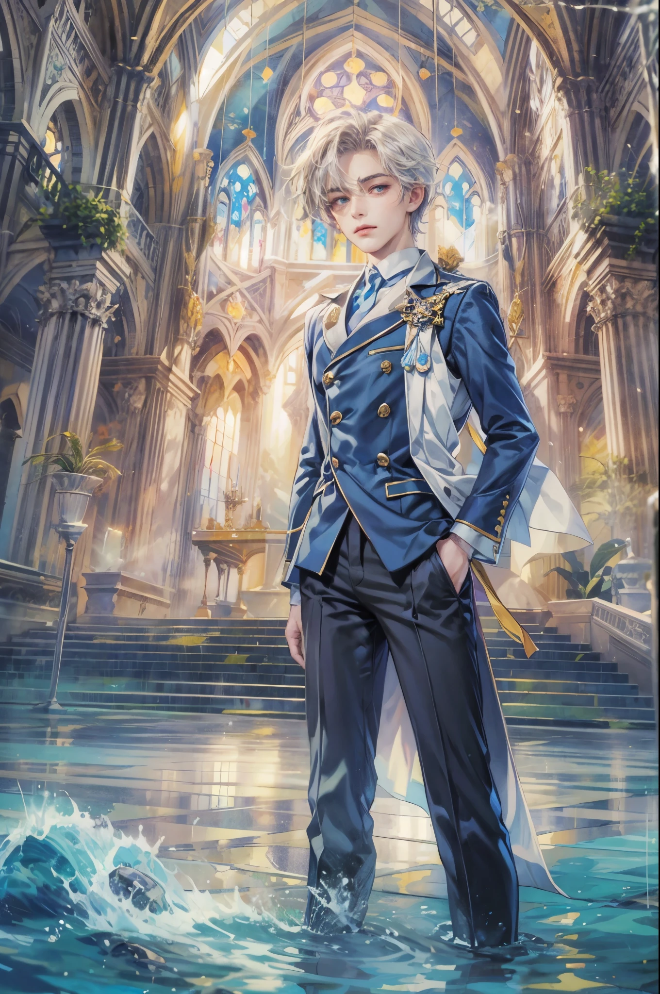 ((Best quality)), ((masterpiece)), (detailed), ((perfect face)), ((halfbody)) a character from pretty cure in male version, handsome boy with an anime eyes in a detailed sanctuary background and a ruined church beside an ocean