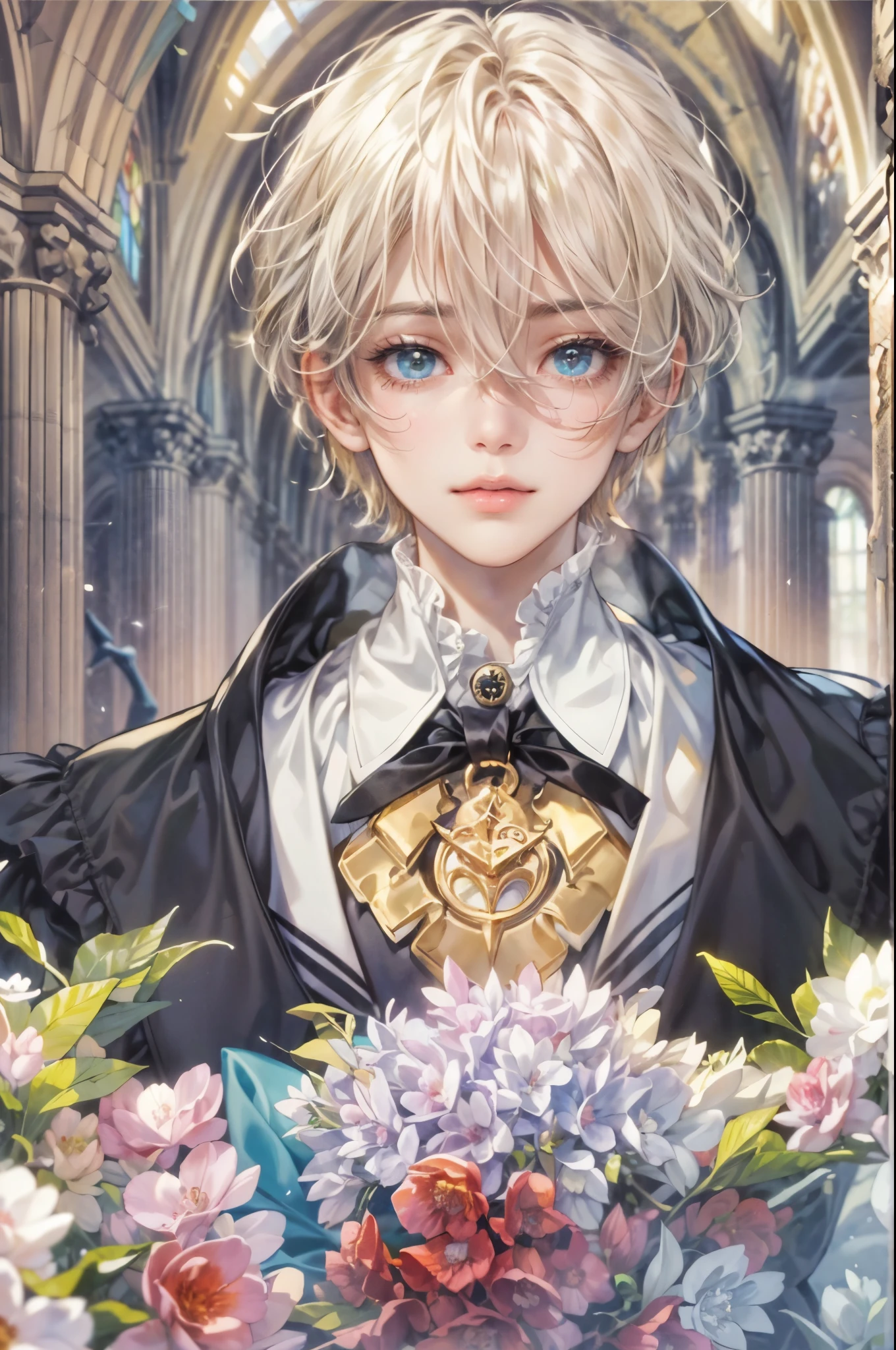 ((Best quality)), ((masterpiece)), (detailed), ((perfect face)), ((halfbody)) a character from pretty cure in male version, handsome boy with an anime eyes in a detailed sanctuary background and a ruined church beside an ocean