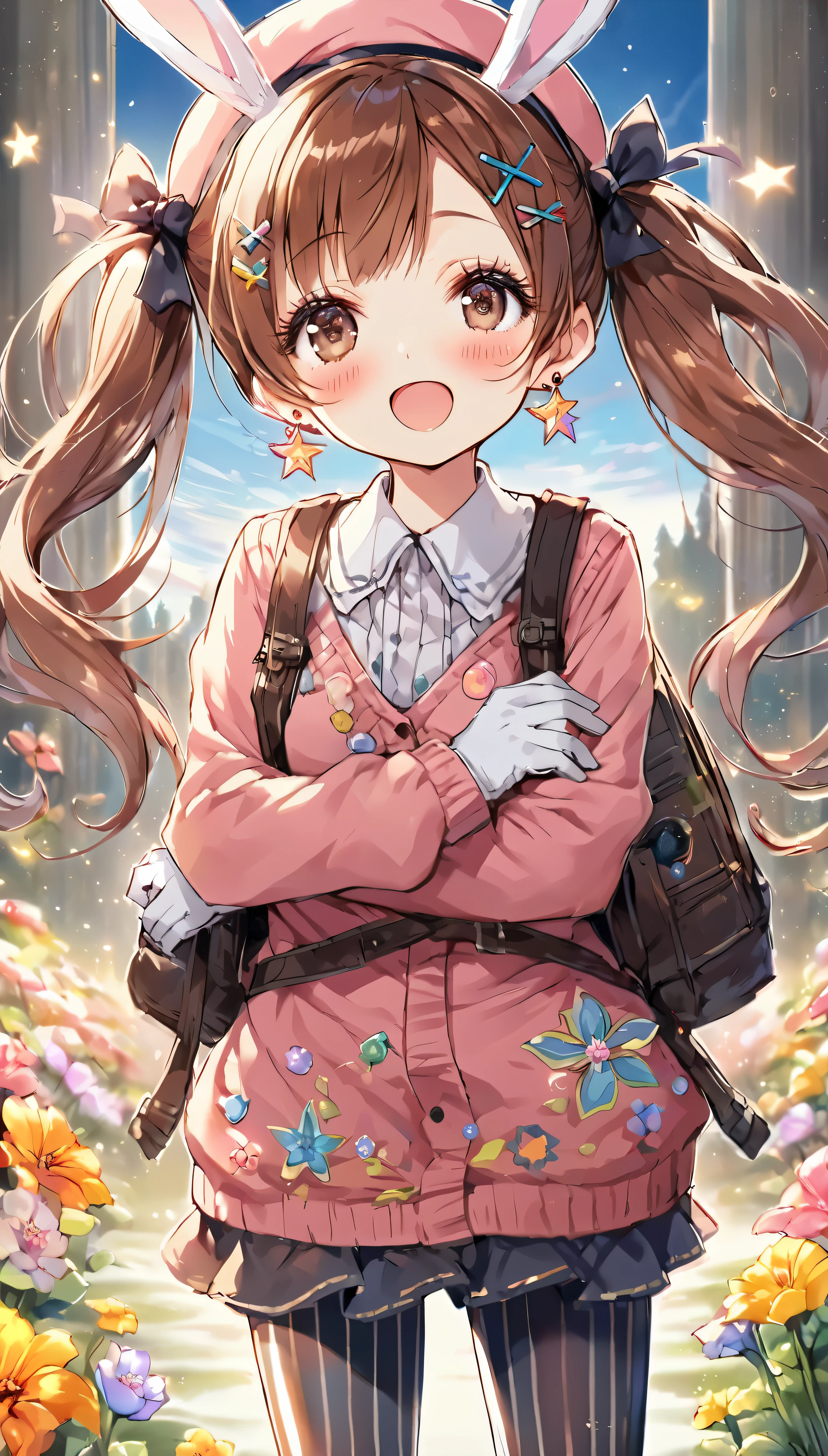 (wonderfulイラスト:1.4),(watercolor:1.25 ), (expensive_quality:1.4),(expensive_solve:1.4),(expensive_meaning:1.4),(tone_mapping:1.2),(color_field:1.3),(detailed_shine:1.2),(Highest_illumination:1.2),(wonderful_detail:1.4),(Highest_light:1.3),(Complex_detail:1.2),(hyper_detail:1.2),(mix_media:1.2),(multicolor:1.2),(magic_realism:1.4), in the atmosphere,
break 1 beautiful girl,(cute:1.5),(Chibi:0.5),(cute:2),(:2),(7 year old girl),(alone:1.65),break,(small breasts:1.2,),transparent skin,beautiful skin,shy,one beautiful,big breasts,break (hair ribbon, 赤茶colorの髪, twin tails:1.55),(茶colorの目, long eyelashes, double eyelids:1.75),shiny skin,break,star \(symbol\, (gloves, 白いgloves:1.3), (bug, dress,polka dots:1.3) ,(Knee-high boots:1.2),(blush,:d:1.45),
break (rucksack:1.2), (white shirt,pink cardigan, :1.2), (white rabbit ear headband:1.0), (black sneakers:1.0), (gem, brooch,star型イヤリング:1.1), (beret, ×hair ornament:1.3), (vertical striped skirt, striped pantyhose:1.1), (:c),break (flower garden:1.8), (magic circle:1.3), (fantasy:1.5), (long shot:1.5), One, (light:1.2), light, blue sky, Wind, falling petals, illusion effect, magic effect,
break Seaweed,Seaweed,Seaweed,(cowboy shot,From before, Are standing,put your arm on your chest:1.4), look up,
break manga illustration, manga style, line drawing, (sketch:1.2), Rough drawing, (black outline:1.3), thick outline, Contours made by craftsmen, gradation painting, きれいなline drawing,