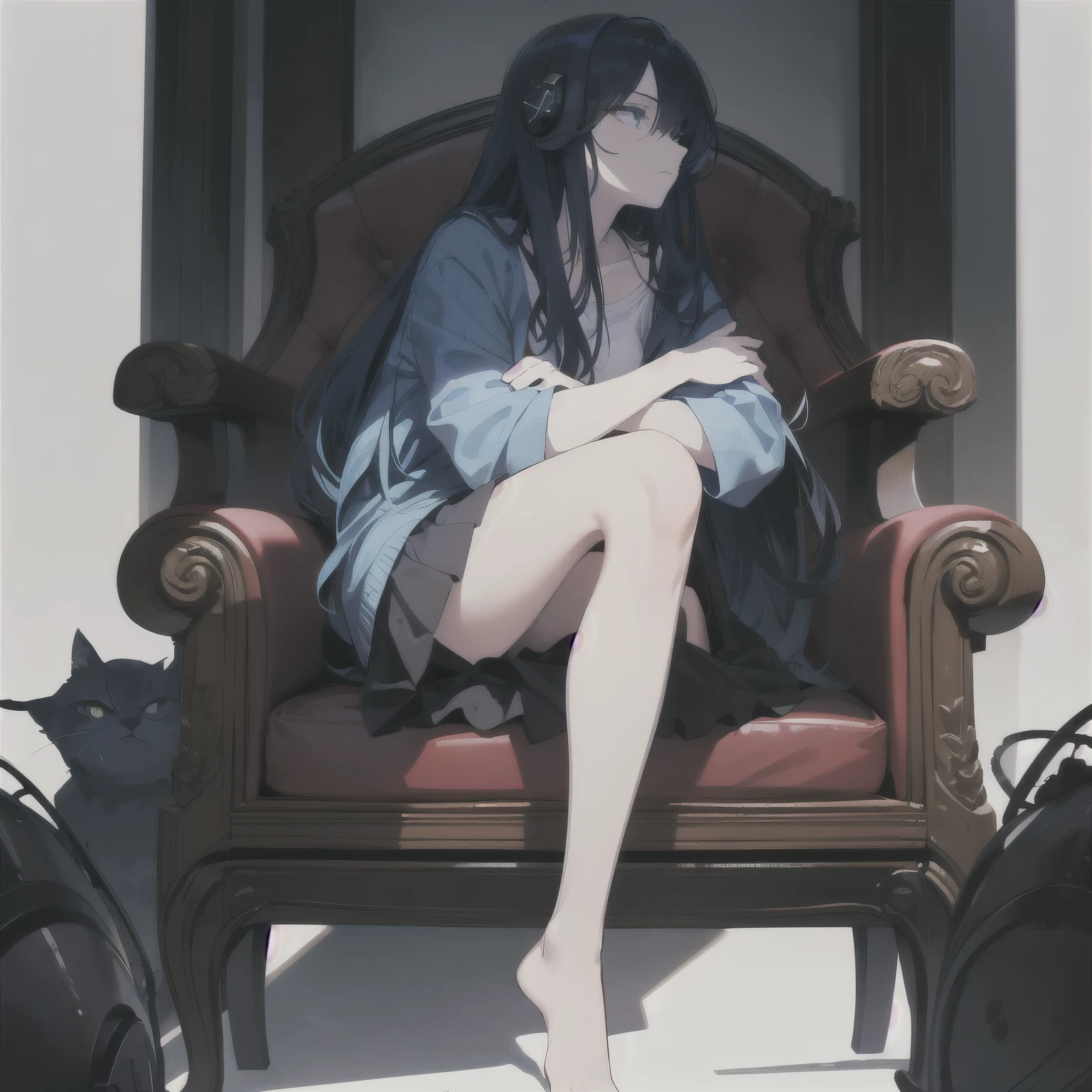 sitting in a chair,feet,profile,arms crossed,close up of neck,Lazy face,black hair mixed with blue hair,hair covers ears,narrow one's eyes,cool woman,clear,dark,look down on with disdain,Mature,cool clothe,low saturation,longhair