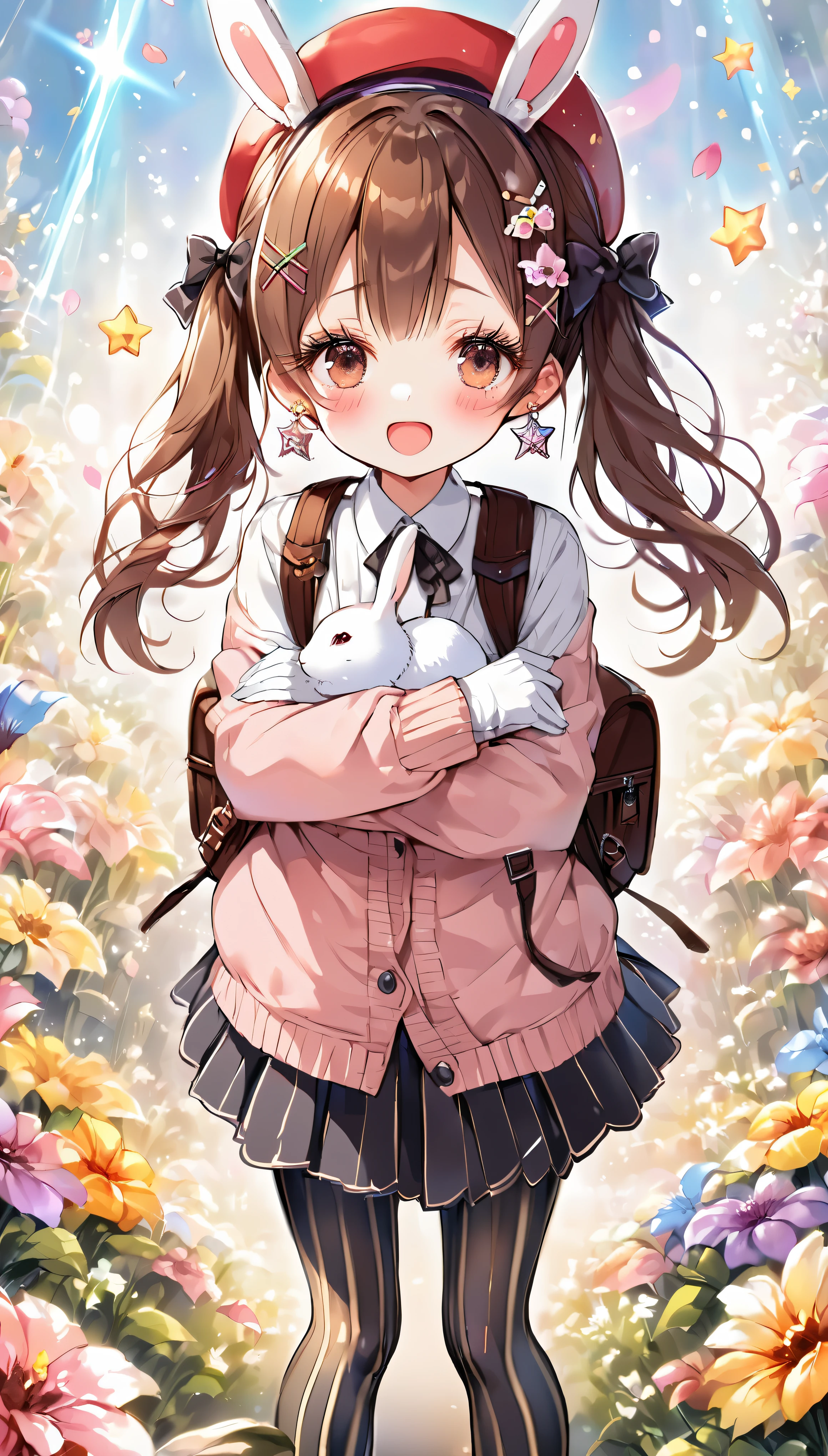 (wonderfulイラスト:1.4),(watercolor:1.25 ), (expensive_quality:1.4),(expensive_solve:1.4),(expensive_meaning:1.4),(tone_mapping:1.2),(color_field:1.3),(detailed_shine:1.2),(Highest_illumination:1.2),(wonderful_detail:1.4),(Highest_light:1.3),(Complex_detail:1.2),(hyper_detail:1.2),(mix_media:1.2),(multicolor:1.2),(magic_realism:1.4), in the atmosphere,
break 1 beautiful girl,(cute:1.5),(Chibi:0.5),(cute:2),(:2),(7 year old girl),(alone:1.65),break,(small breasts:1.2,),transparent skin,beautiful skin,shy,one beautiful,big breasts,break (hair ribbon, 赤茶colorの髪, twin tails:1.55),(茶colorの目, long eyelashes, double eyelids:1.75),shiny skin,break,star \(symbol\, (gloves, 白いgloves:1.3), (bug, dress,polka dots:1.3) ,(Knee-high boots:1.2),(blush,:d:1.45),
break (rucksack:1.2), (white shirt,pink cardigan, :1.2), (white rabbit ear headband:1.0), (black sneakers:1.0), (gem, brooch,star型イヤリング:1.1), (beret, ×hair ornament:1.3), (vertical striped skirt, striped pantyhose:1.1), (:c),break (flower garden:1.8), (magic circle:1.3), (fantasy:1.5), (long shot:1.5), One, (light:1.2), light, blue sky, Wind, falling petals, illusion effect, magic effect,
break Seaweed,Seaweed,Seaweed,(cowboy shot,From before, Are standing,put your arm on your chest:1.4), look up,
break manga illustration, manga style, line drawing, (sketch:1.2), Rough drawing, (black outline:1.3), thick outline, Contours made by craftsmen, gradation painting, きれいなline drawing,