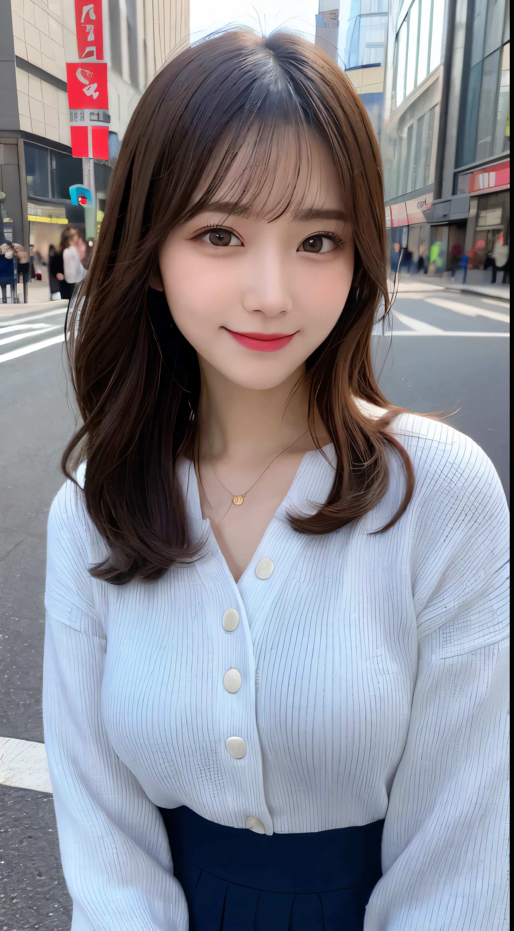 table top, highest quality, shape, Super detailed, finely, High resolution, 8k wallpaper, 完璧なダイナミックな構shape, beautiful and detailed eyes,small breasts,natural color lip, smile、20 year old girl、cute、look at the camera,perfect and beautiful face,Take only the face,Beautiful and dense face、slim face and style,Big eyes、Do gal makeup,real photos、long sleeve blouse、flare skirt,Blurred Shibuya street background、smileのジャケット