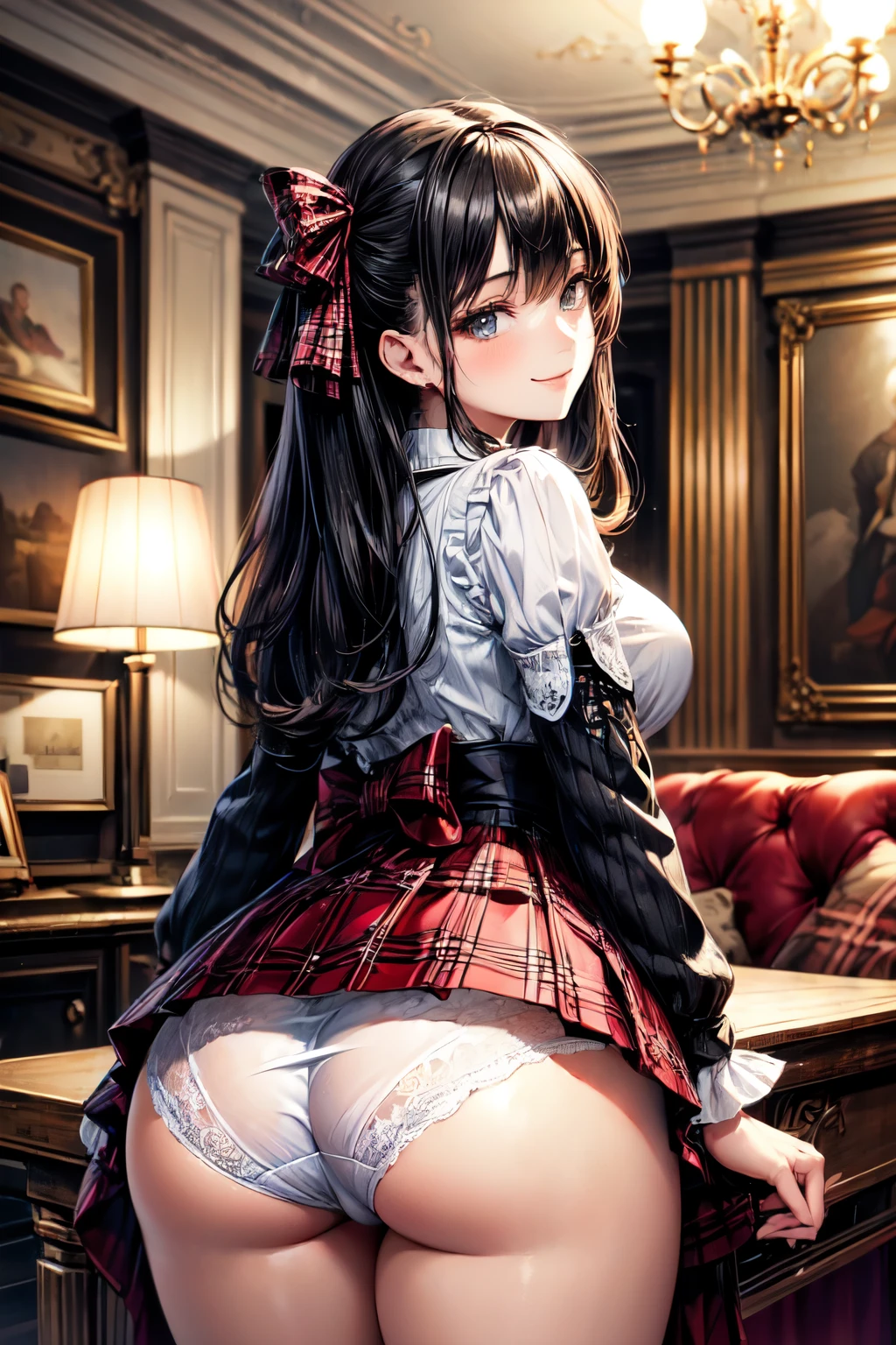 very cute and beautiful girl,(highly detailed beautiful face),(smile),blush,
(white blouse with detailed frills),long sleeve BREAK
 standing,(from behind,looking back),leaning forward,(white panties),looking at viewer,
hair ribbon,black hair,(scarlet plaid mini skirt:1.15)
 BREAK antique living room,victorian gorgeous furnitures,
(best quality,masterpiece:1.2),absurdres,highres,ultra-detailed,extremely detailed,32k,8k resolution,
intricate details,cinematic scene,detailed background,solo,dynamic angle,