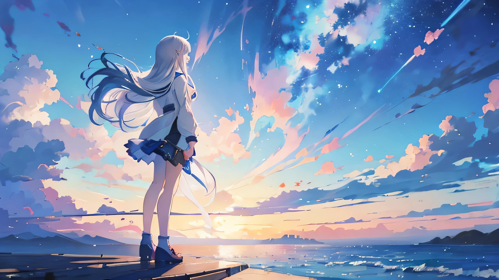 Anime Style Makoto Shinkai, Anime Characters A girl (white long hair) Standing on Pier And Looking At The Sky, Cosmic Sky With Dramatic Color, Backview, Makoto Shinkai Style Art, Best Quality, she is facing the sea and sky