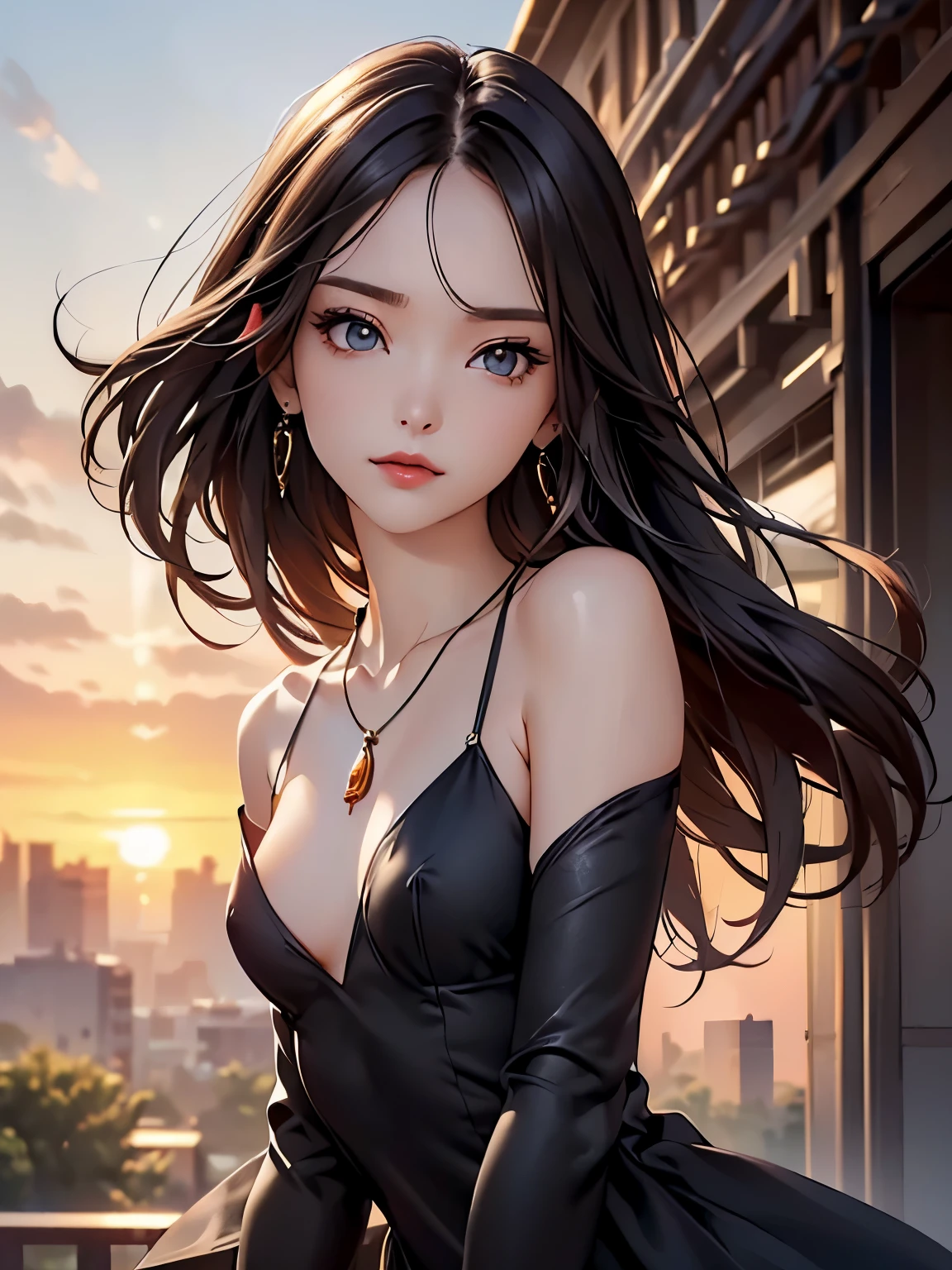 ((Biologically correct number of limbs))、(( Photo including face))、4K、masterpiece、((focus on the face))、((Symmetrical facial features))、Eyes of minute description、Beautiful woman、outstanding style、beautiful clavicle、beautiful legs、(small ass、thin thighs)、(black stockings、high heels)、Detailed depiction of faces、small earrings、necklace、Low - Angle、(red one-piece dress)、The background is walking on the hill at sunset、upper body close-up、realistic pictures、