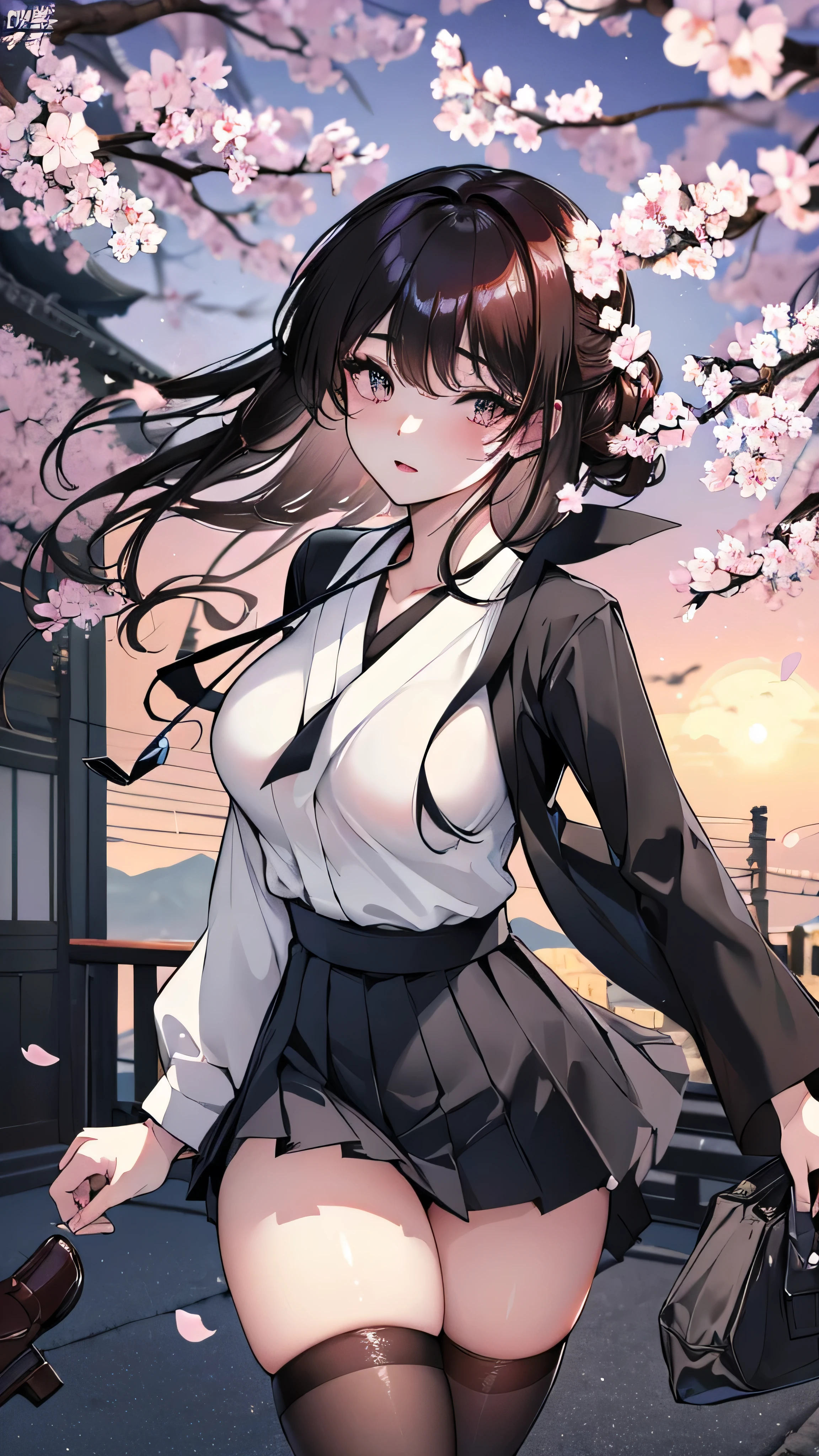  ((best quality)), ((masterpiece)), (detailed), (natural side lighting, movie lighting), 
((carry the audience on their backs)), whole body, 1 girl, ((Japanese)), Perfect body, shiny skin, Long hair fluttering in the wind,
black hair, ((Slender legs)), slender fingers, big breasts, 
((symmetrical clothes, white collar shirt, Black pleated mini skirt，dark stockings)) , 
(Beautiful scenery), depth of field, morning, Walk, japan road, spring, Cherry blossoms,