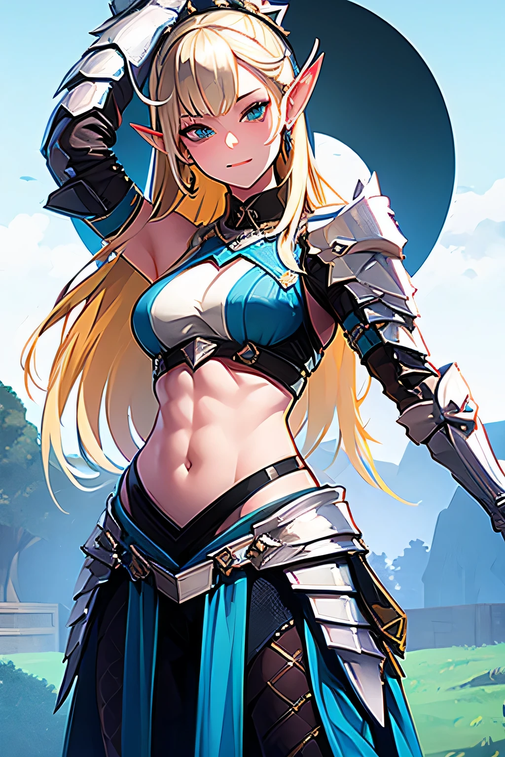 ((masterpiece, best quality)), (elf ears), female elf singing, female blonde elf with blue eyes in barioth armor, stunning character art, character art of a beautiful female elf singing:1.4, athletic body, muscular:1.3, Well trained, abs, epic exquisite character art, character art portrait, rossdraws 1. 0, high quality digital concept art, beautiful female knight wearing barioth armor