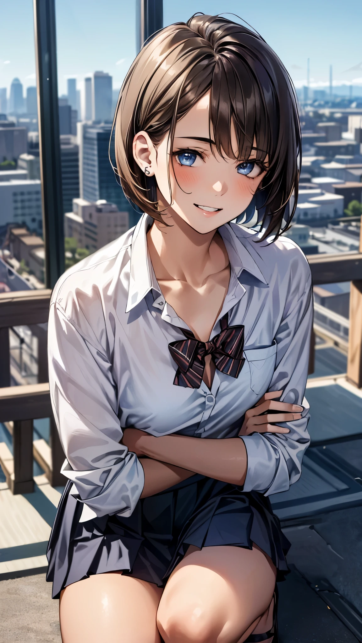 (masterpiece:1.3, top-quality, ultra high res, ultra detailed), (realistic, photorealistic:1.4), beautiful illustration, perfect lighting, colorful, depth of fields,
beautiful detailed hair, beautiful detailed face, beautiful detailed eyes, beautiful clavicle, beautiful body, beautiful chest, beautiful thigh, beautiful legs, beautiful fingers,
looking at viewer, front view:0.6, 1 girl, japanese, high school girl, perfect face, (perfect anatomy, anatomically correct), cute and symmetrical face, face, , shiny skin,
(short hair:1.2, bob cut:1.2, light brown hair), asymmetrical bangs, blue eyes, long eye lasher, (medium breasts), slender,
((navy blazer, collared white shirt, navt pleated skirt)), dark red bow tie, piercing,
(beautiful scenery), evening, (city, cityscape in the distance), squatting, fold arms, (happy smile, parted lips),