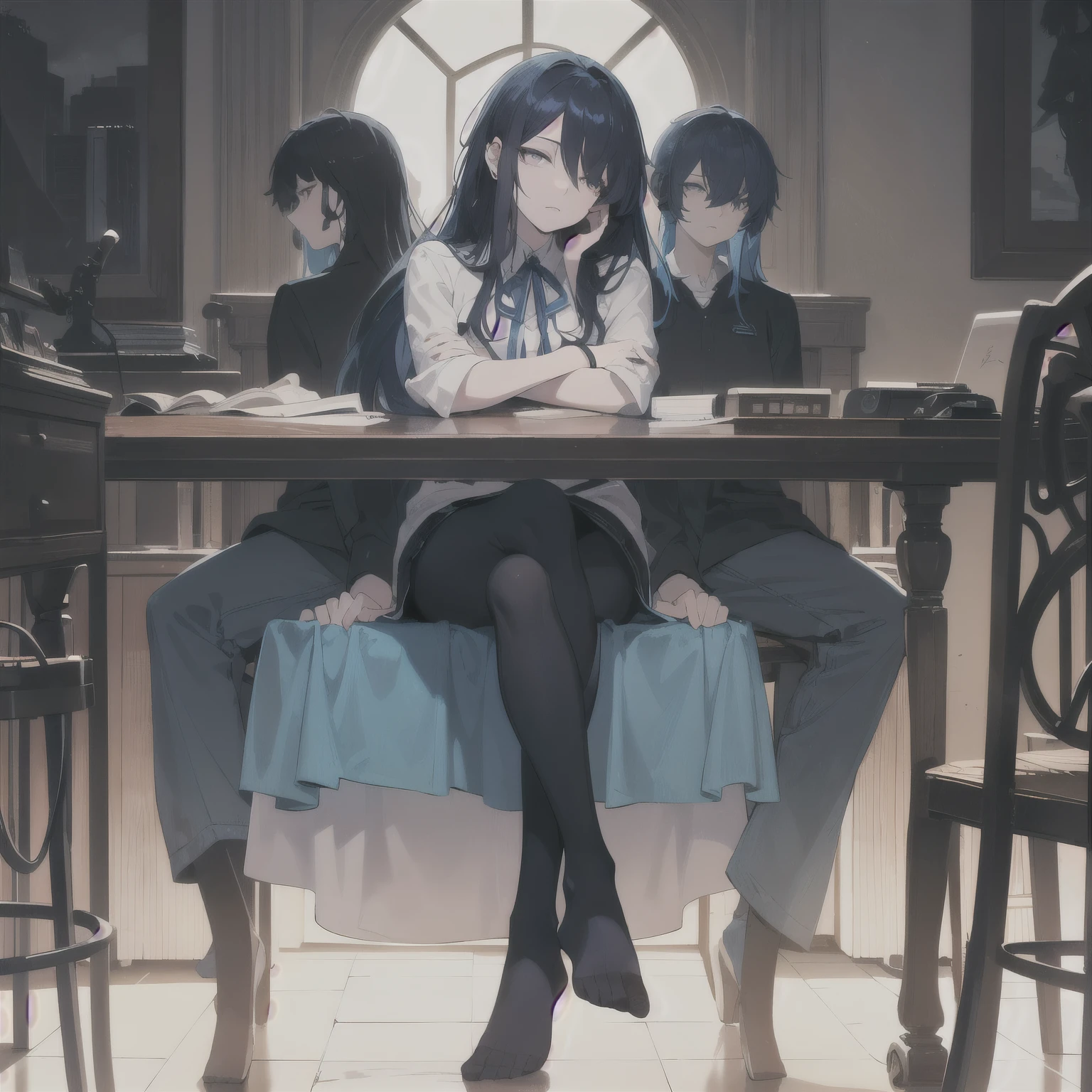 sitting in a chair,feet,profile,arms crossed,close up of neck,Lazy face,black hair mixed with blue hair,hair covers ears,narrow one's eyes,cool woman,clear,dark,look down on with disdain,Mature,cool clothe,low saturation,longhair