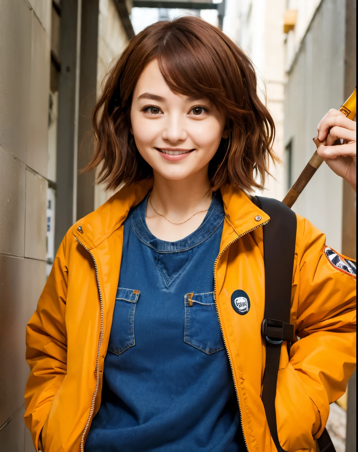 (Highest quality, 8K, 32k, masterpiece, Ultra-high resolution:1.2),Beautiful Japanese Women Photos, Rainbow clothes、Rainbow hoodie、Large Breasts, Very short bob hair,Red hair, necklace, Simple Background, From above, View your viewers,Red Hair、White background、smile、Rainbow hair color