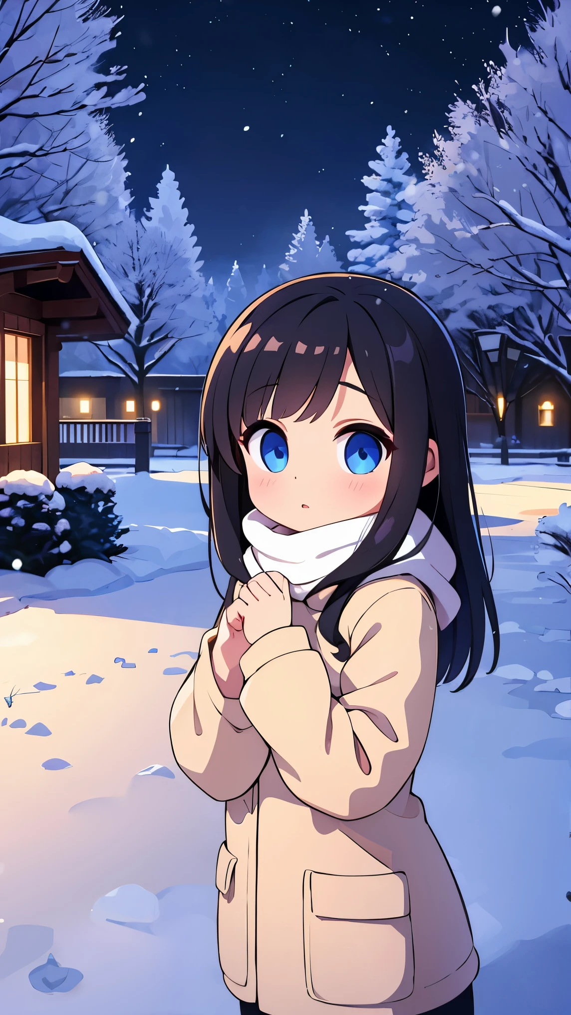 girl, winter, night, snowfall