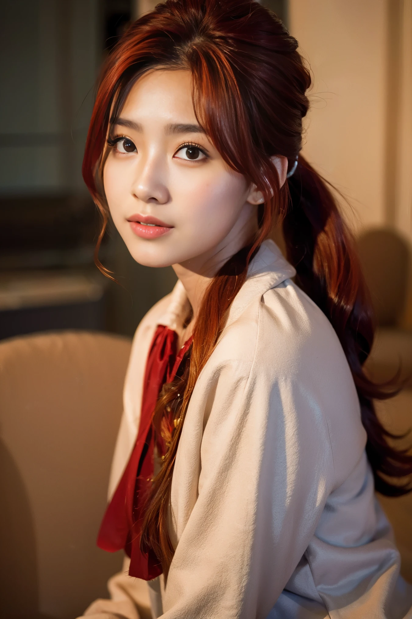 Realistic Photography, Beautiful Young Korean Female , ((red hair)), ponytail,