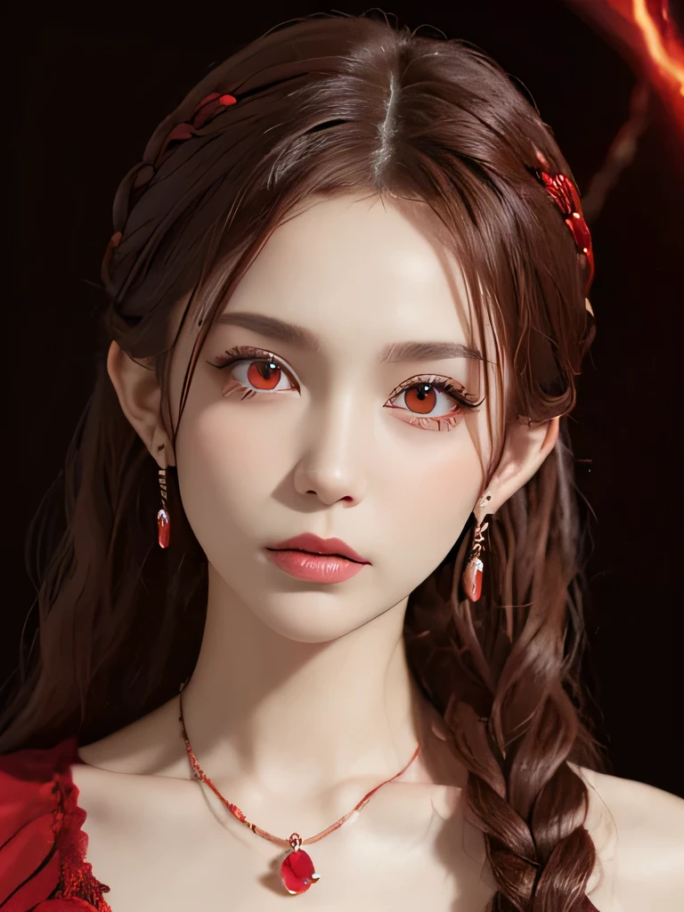 (in the dark:1.6), Surrealist female portraits by David Hockney and Alphonse Mucha,fantasy art, 4k, Award history,, 1 girl, in the dark, deep shadow, secret key,cowboy shot,(Formal wear:1.4) ,long wavy hair,redhead,clavicle、flame background、redhead、red background、red spirit clothes、earrings、necklace、red tattoo、red eyes、she is a spirit、close up of face、red eyes、bright red eyes、Red contact、close up of face、red eyes、look up、red fairy costume、bright red eyes、red headband、red eyes、Braid、