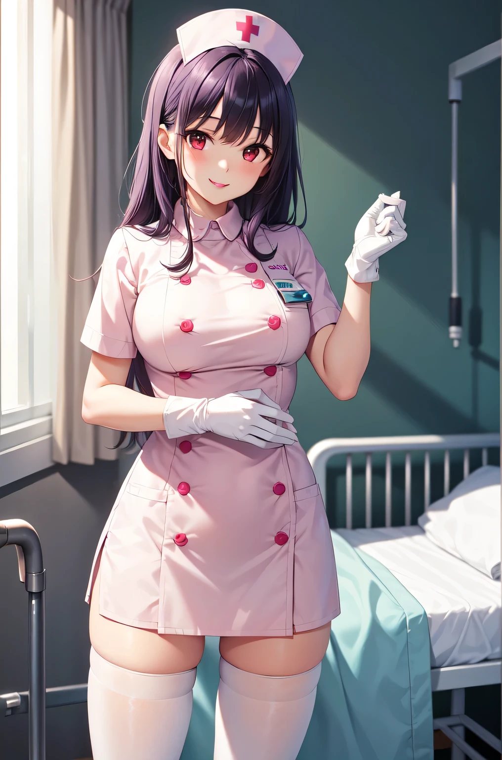 1woman, solo, nurse, white nurse cap, white nurse uniform, ((white legwear, zettai ryouiki)), white gloves, long hair, purple hair, red eyes, pink lips, smile, standing, ((hospital room)), sharp outline, short sleeves, mature female, 35 years old, best quality, masterpiece