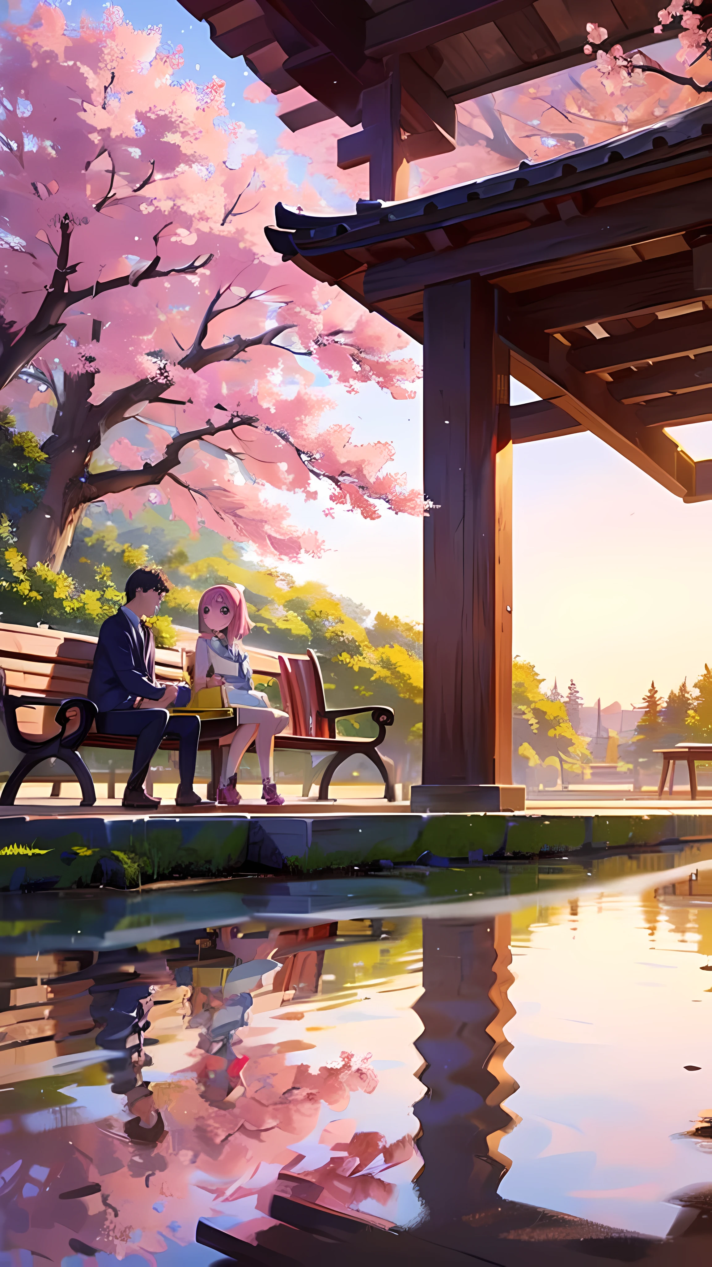A high school d girl are sitting on a bench underneath a canopy of cherry blossom trees in full bloom. The sun is setting, casting a warm, golden glow over the scene. The boy is handing the girl a small bouquet of cherry blossoms, and she is smiling warmly at him, her cheeks flushed pink with happiness. In the background, you can see more cherry blossom trees, their delicate pink petals fluttering in the breeze. The atmosphere is serene and romantic, capturing the beauty of young love amidst the fleeting beauty of cherry blossoms.