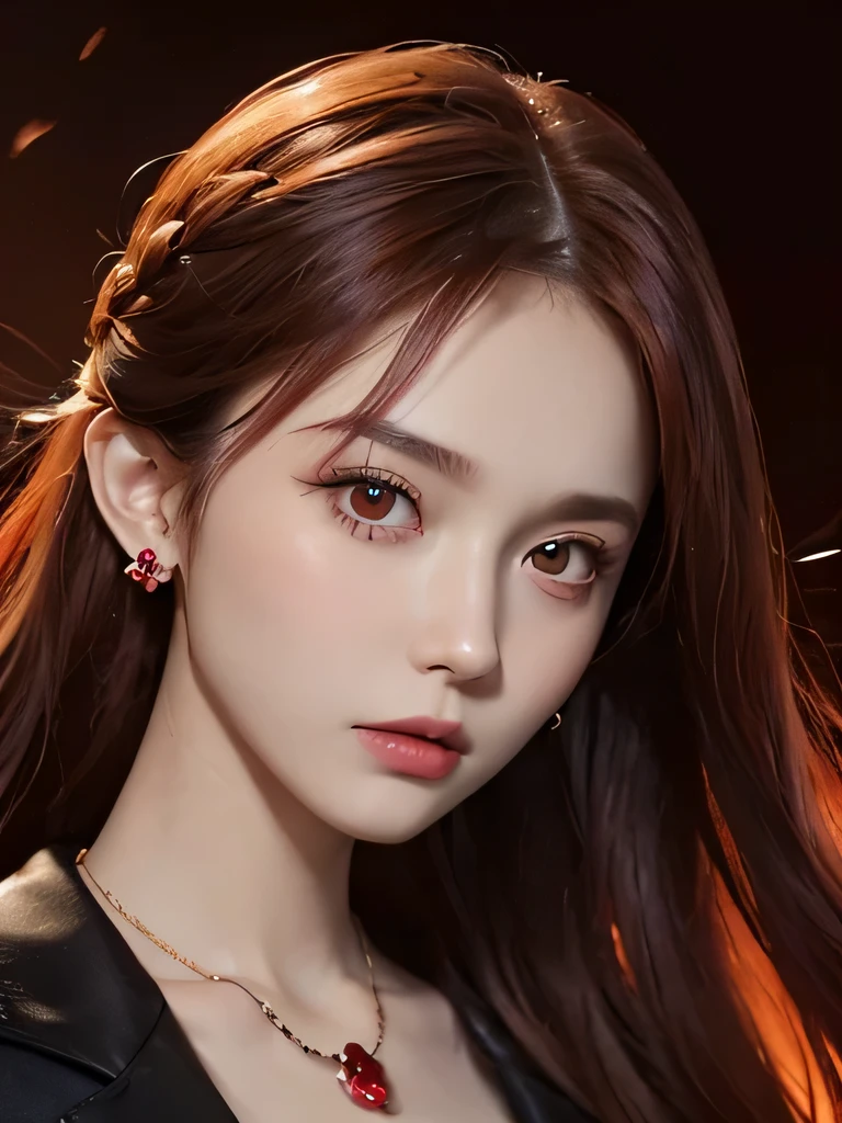 (in the dark:1.6), Surrealist female portraits by David Hockney and Alphonse Mucha,fantasy art, 4k, Award history,, 1 girl, in the dark, deep shadow, secret key,cowboy shot,(Formal wear:1.4) ,long wavy hair,redhead,clavicle、flame background、redhead、red background、red spirit clothes、earrings、necklace、red tattoo、red eyes、she is a spirit、close up of face、red eyes、bright red eyes、Red contact、close up of face、red eyes、look up、red fairy costume、bright red eyes、red headband、red eyes、Braid、
