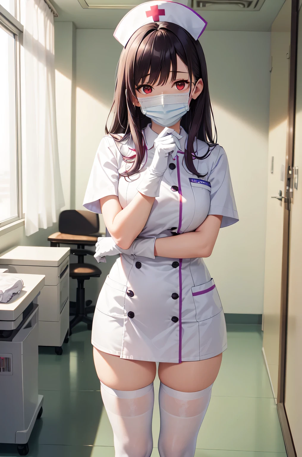 1woman, solo, nurse, white nurse cap, white nurse uniform, ((white legwear, zettai ryouiki)), white gloves, long hair, purple hair, red eyes, ((white surgical mask, covered nose)), standing, ((hospital room)), sharp outline, short sleeves, mature female, 35 years old, best quality, masterpiece