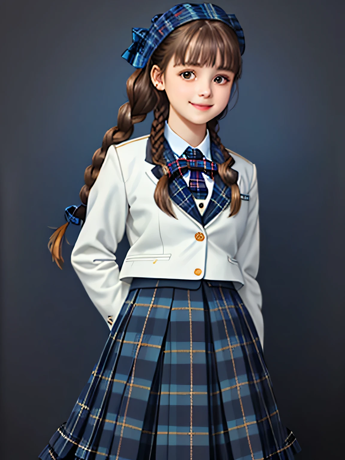 (************ very cute girl), Height: 160cm, (((very cute & very large brown eyes))), Very beautiful portrait, realistic cute girl drawing, amazing digital paintings, elegant digital paintings, baroque digital painting, detailed beautiful portrait, ((((dark blue & Deep navy tartan check middle long skirt)))),((((dark blue school blazer)))), ((very big blue school ribbon)), (((Braid hairstyles))), ((looking at the viewer)), ((Transparent pure white skin)), ((very white skin)), ((small face)), ((pretty bangs)), ((thin)), ((long eyelashes)), (((best smile)))