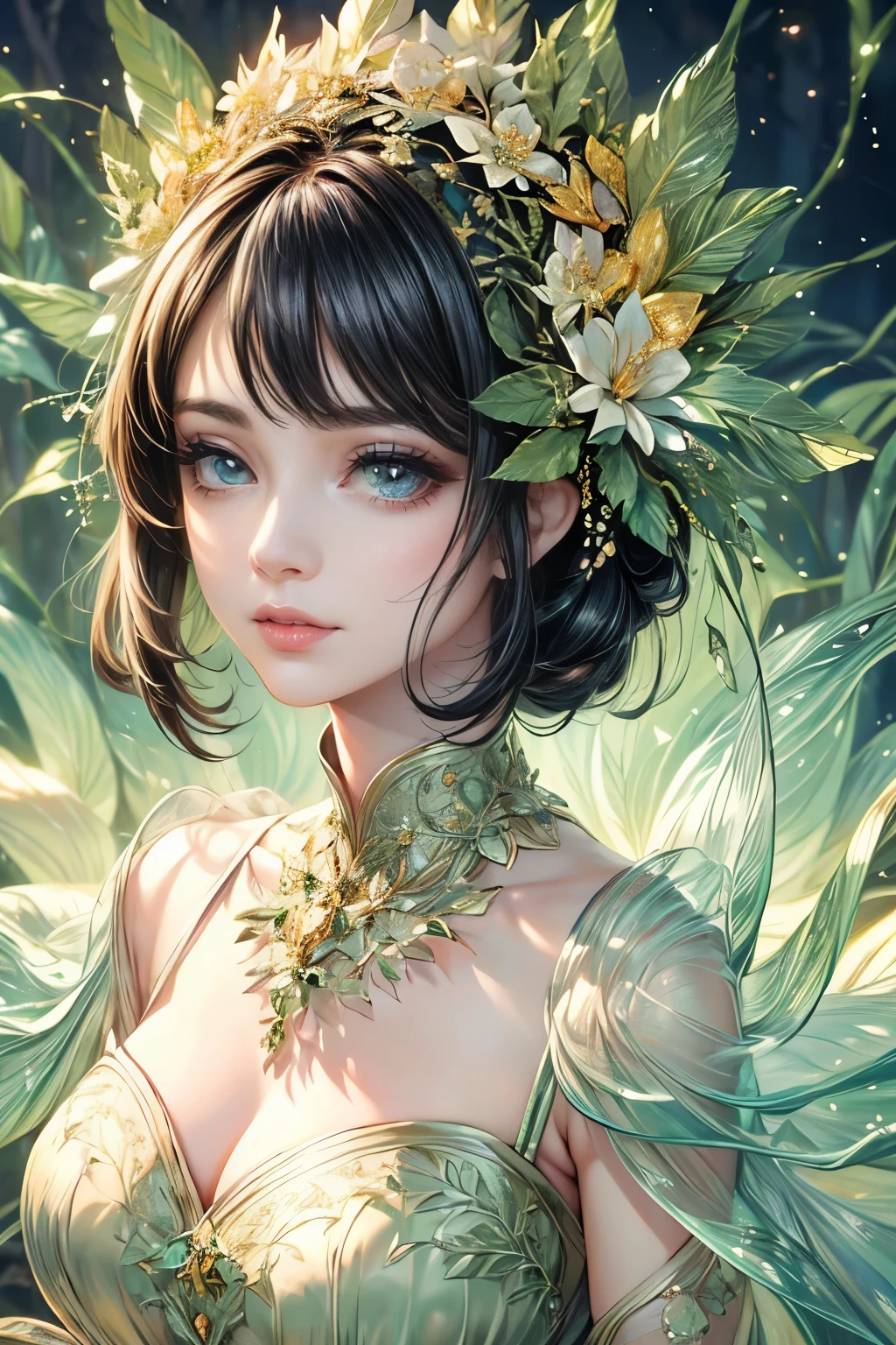 (high quality, 8K, CG, Upper body details,  girl, Floral Dress, forest background, detailed facial features, Elegant black hair, almond green eyes, Detailed eye makeup, long eyelashes fluttering, blinking big eyes, twinkling stars, Intricate lip details, The style is soft)