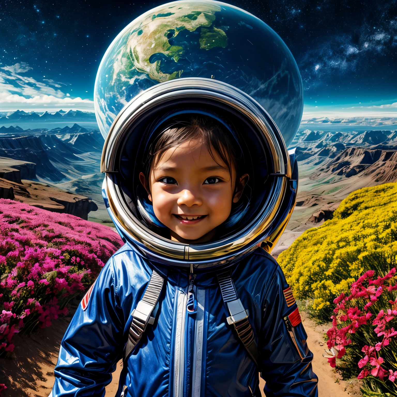 “A real 4 year old  curiously explores an alien planet with vibrant chrome vegetation, the  looks at the camera with a cheerful expression, her face is clearly visible. The surreal landscapes and flora create a stunning juxtaposition in a space age paradise.