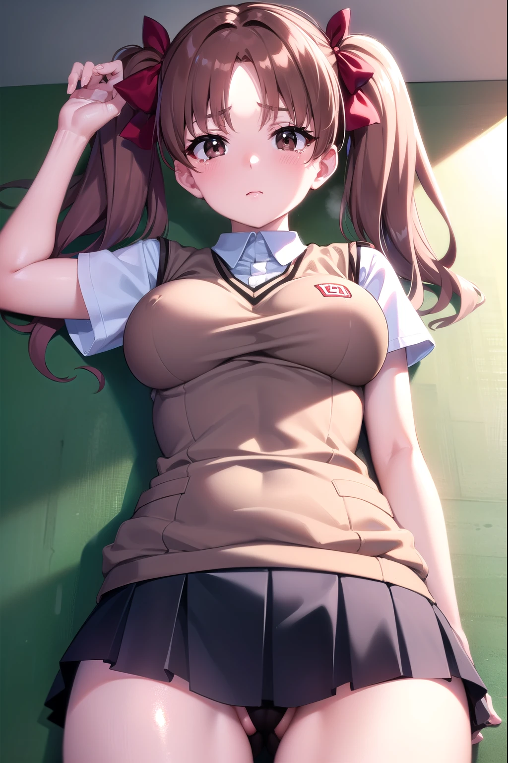 kurokoshirai, kuroko shirai, brown hair, long hair, (parted bangs:1.5), (brown eyes:1.7), Ringlet, twin tails, hair bow, bow, red bow, (super big breasts:1.2),、
break armband, black skirt, collared shirt, dress shirt, pleated skirt, safety pin, school uniform, shirt, short sleeve, skirt, summer clothes, sweater vest, tokiwadai , twin tails, white shirt, (brown sweater vest:1.5),
break looking at viewer,, whole body,
break indoors, classroom,
break (masterpiece:1.2), highest quality, High resolution, unity 8k wallpaper, (figure:0.8), (detailed and beautiful eyes:1.6), highly detailed face, perfect lighting, Very detailed CG, (perfect hands, perfect anatomy),（touch one&#39;s crotch:1.5）、blush、An emotional face that looks like it&#39;s about to cry