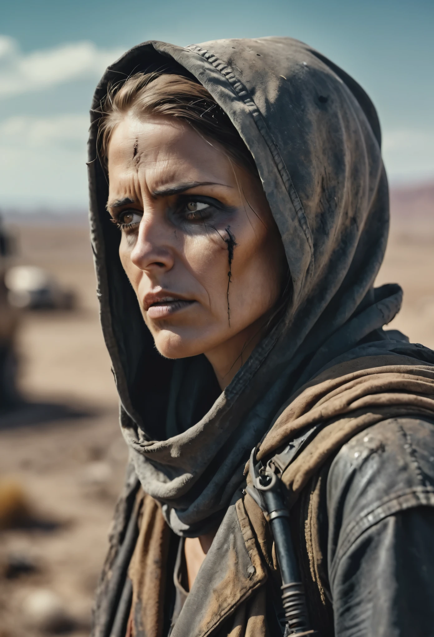 (Realistic:1.4), analog photo style, depth of field, Vivid colors, fragile, vulnerable, female reaper, sad, worried expression, looking away, professional photoset in post-apocalyptic style, insanely detailed, intricate wasteland landscape background, (((masterpiece))), top quality, 8K, ultra high resolution, high contrast, low saturation