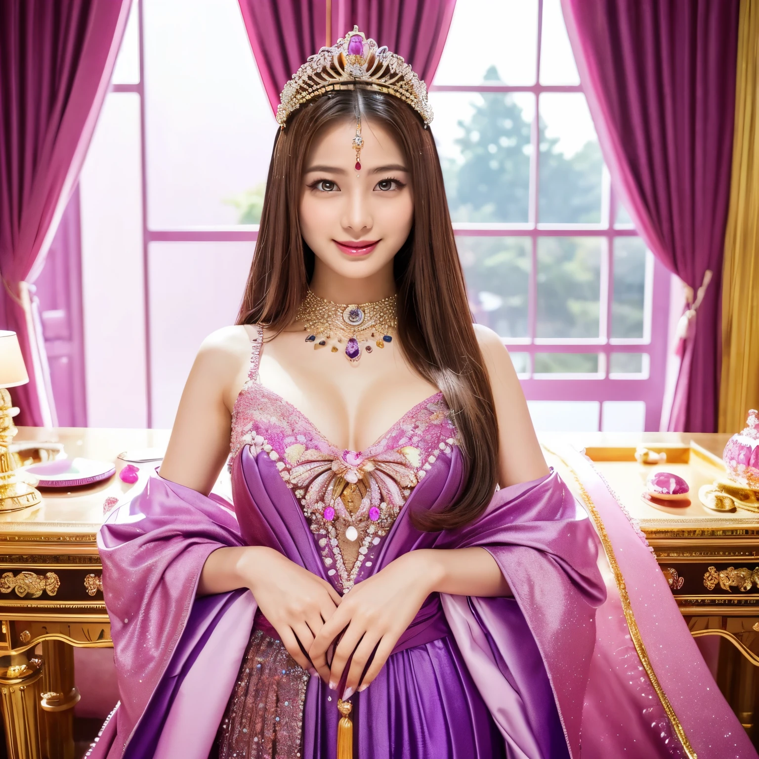 ((highest quality、table top、8K、best image quality、extremely complex and detailed depiction))、(Japan's most gorgeous prostitute goddess:1.2)、(The most gorgeous prostitution goddess huge costume:1.2)、(The most luxurious and highest quality giant tiara:1.1)、(The most luxurious and highest quality giant necklace:1.1)、(the most vivid and luxurious costumes:1.1)、big long costume、(The unimaginably luxurious goddess room:1.3)、(Glittering purple and pink room:1.2)、purple and pink interior、The most natural and perfect goddess room、The most luxurious and perfectly organized room of a prostitute goddess、A perfectly ordered and orderly room、The most luxurious purple and pink room、purple and pink gems、(A glittering room decorated with plenty of jewels:1.1)、very intricate decoration、very clear goddess room、Please look at me、bewitching smile、perfect makeup、long eyelashes、lipstick、pink eyeshadow、(perfect anatomy:1.1)、best smile、(very bright and vivid:1.1)、(shiny skin:1.1)、(Ultra-high definition bright and beautiful skin:1.1)、Super high definition beautiful teeth、ultra high definition hair、Super high-definition sparkling eyes、(very bright and vivid:1.3)、(Beautiful skin that shines very brightly:1.3)、brown hair、(standing in the most elegant pose:1.1)、(body facing straight ahead:1.1)、(Upper body photo facing forward:1.1)