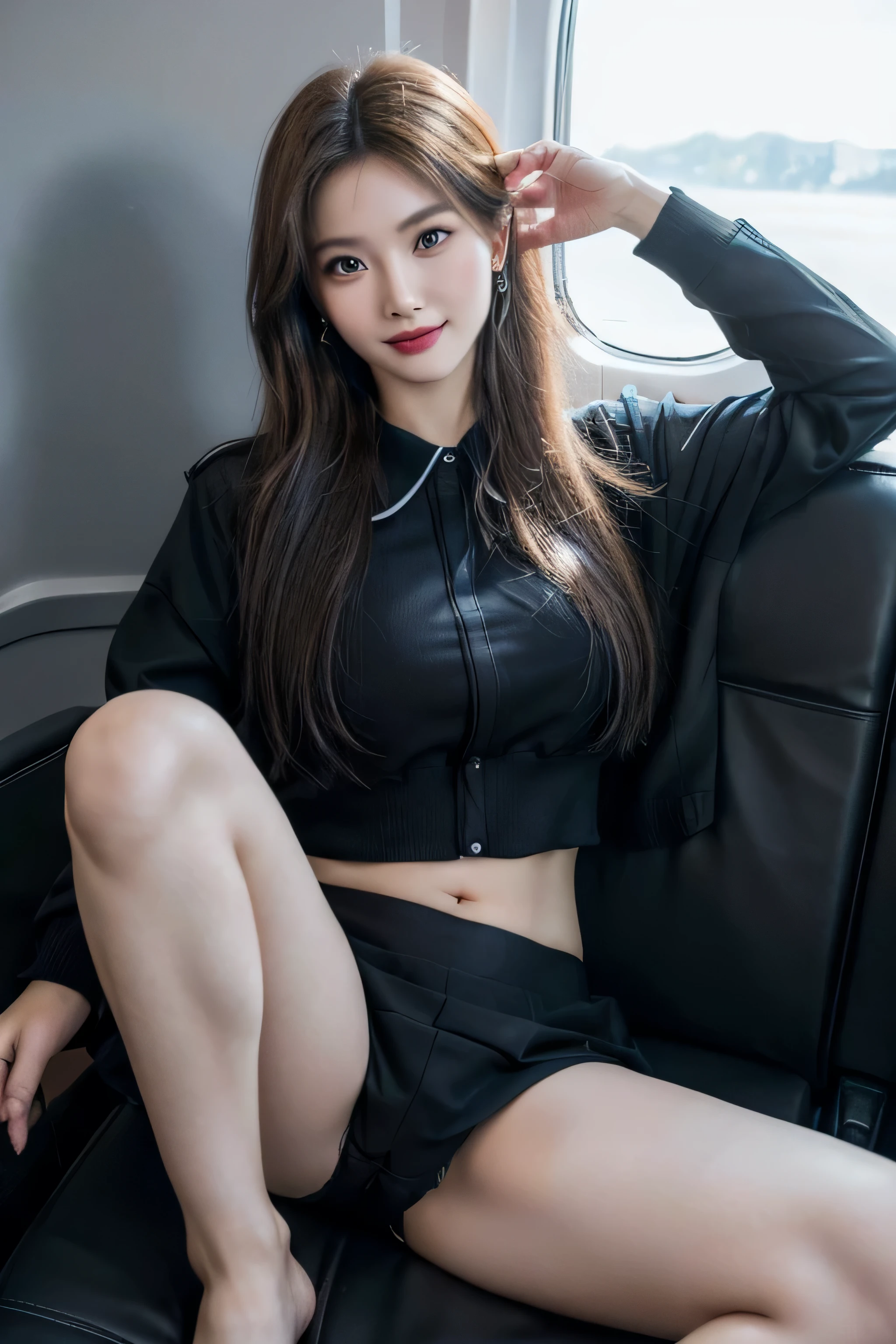 （masterpiece:1.2）,(8K high quality), (highest quality),(realistic:1.37),long eyelashes,（Live-action realistic style),realistic light and shadow,best portrait, 1-Girl,highly detailed skin,(double eyelid face), (realism: 1.4),((full body image)) ,woman around 25 years old,(beautiful face 1.4),straight hair length,,(lipstick,beautiful earrings),（(stewardess uniform,)),(Stewardess wearing a uniform with her belly button exposed),,(3/4 length),Shoot from the front,,Close-up photography,((sitting on a plane,show me your pants)),,(((Look at the audience and smile),(smile at the viewer without opening your mouth),（sit with legs apart）,（（Sit in front of the viewer））,sit with legs apart,Sit with your legs apart in front of the viewer,I can see your pants,Please open your legs and show me your crotch.,（sit with legs wide apart）,Please show your crotch to the viewer,spread your legs wide in front of the audience,shot at low angle,wearing black bikini panties,（that's a lovely smile,make eye contact with the audience）,I like to show off my crotch in front of the audience...（sit with your knees up）,that&#39;with a short skirt,　make the most of your legs