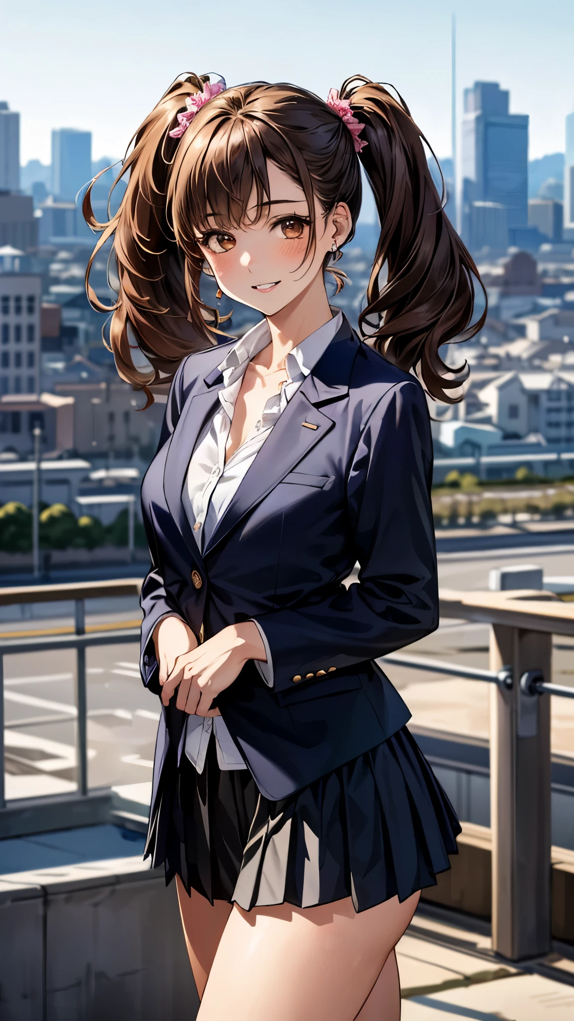 (masterpiece:1.3, top-quality, ultra high res, ultra detailed), (realistic, photorealistic:1.4), beautiful illustration, perfect lighting, colorful, depth of fields,
beautiful detailed hair, beautiful detailed face, beautiful detailed eyes, beautiful clavicle, beautiful body, beautiful chest, beautiful thigh, beautiful legs, beautiful fingers,
looking at viewer, front view:0.6, 1 girl, japanese, high school girl, perfect face, (perfect anatomy, anatomically correct), cute and symmetrical face, babyface, , shiny skin,
(long hair:1.5, twintails:1.5, rosy brown hair), asymmetrical bangs, brown eyes, long eye lasher, (medium breasts), slender,
((navy blazer, collared white shirt, navt pleated skirt)), dark red bow tie, piercing,
(beautiful scenery), evening, (city, cityscape in the distance), standing, (hand on chest), (happy smile, parted lips),