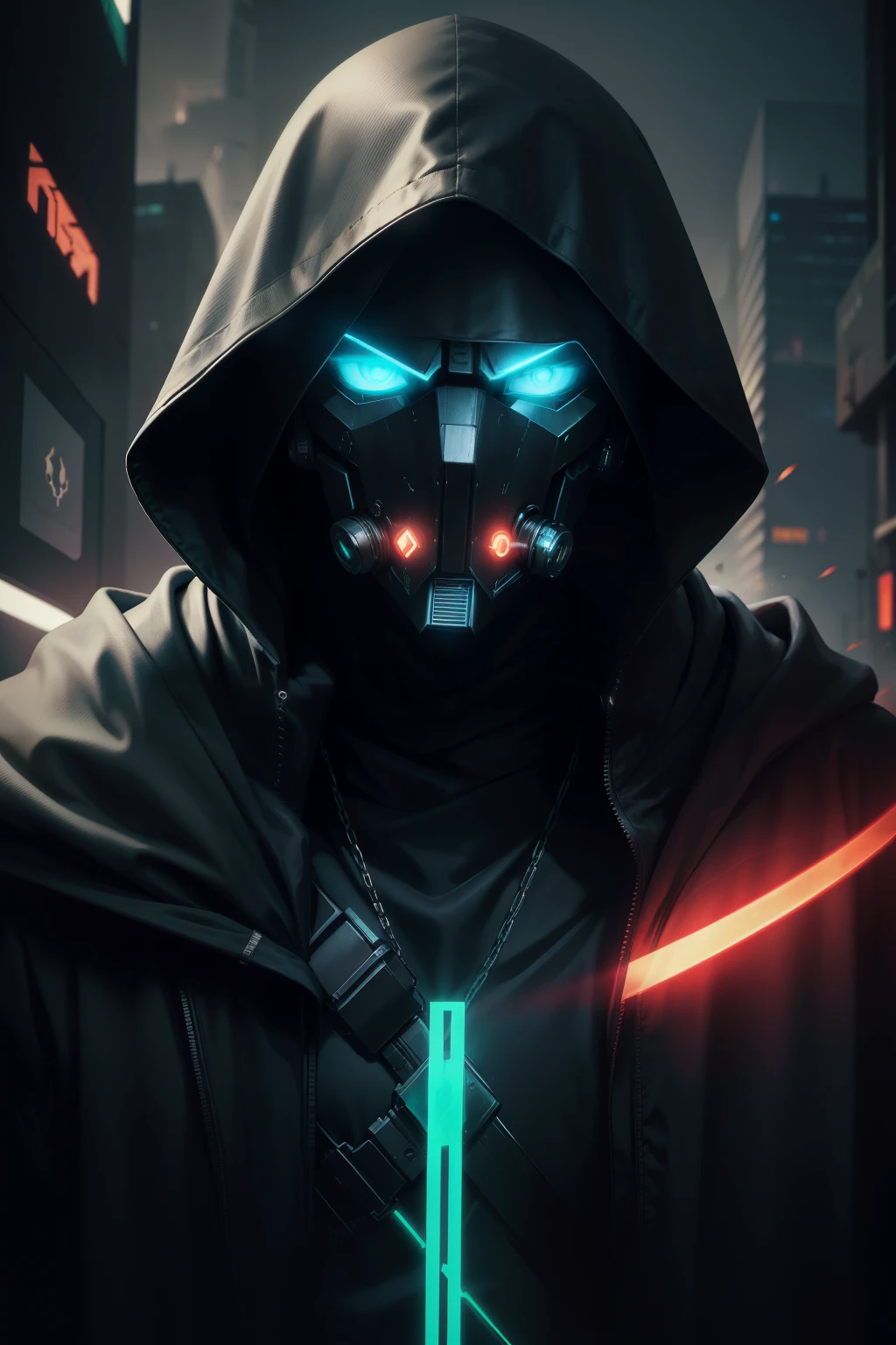 Title: "The Cybernetic Sentinel"
Description:
In the dimly lit underworld of the cyberpunk cityscape, a solitary figure emerges from the shadows. Draped in a hooded cloak of darkest black, the portrait subject's face remains concealed, his identity veiled by the enigmatic Manhattan project. His haunting gaze is revealed only through the narrow slits of his fiery red neon-lit mask. The mask, in turn, highlights his piercing, emerald-green eyes, flickering with the arcane knowledge and indomitable will of the cybernetic sentinel he has become.
His hands, glowing with a faint