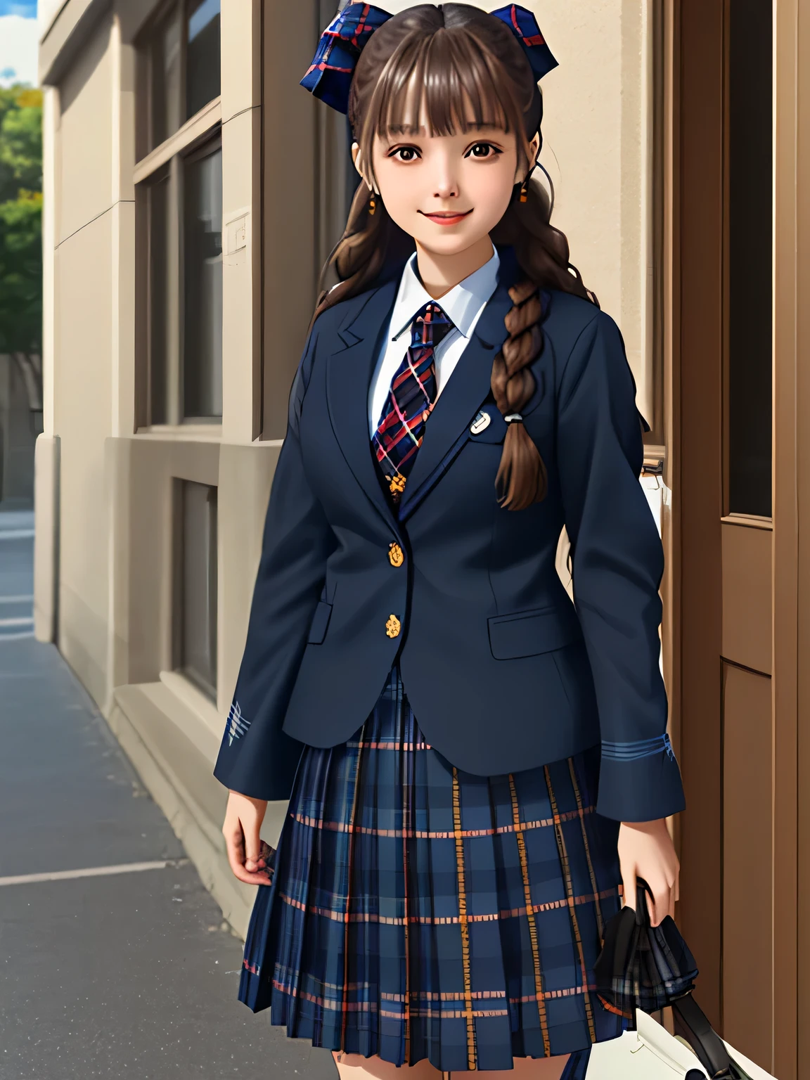 (16 year old Japanese girl), height: 160cm, (((very cute & very large brown eyes))), Very beautiful portrait, realistic cute girl drawing, amazing digital paintings, elegant digital paintings, baroque digital painting, detailed beautiful portrait, ((((dark blue & Deep navy tartan check middle long skirt)))),((((dark blue school blazer)))), ((very big blue school ribbon)), (((Braid hairstyles))), ((looking at the viewer)), ((Transparent pure white skin)), ((very white skin)), ((small face)), ((pretty bangs)), ((thin)), ((long eyelashes)), (((best smile)))