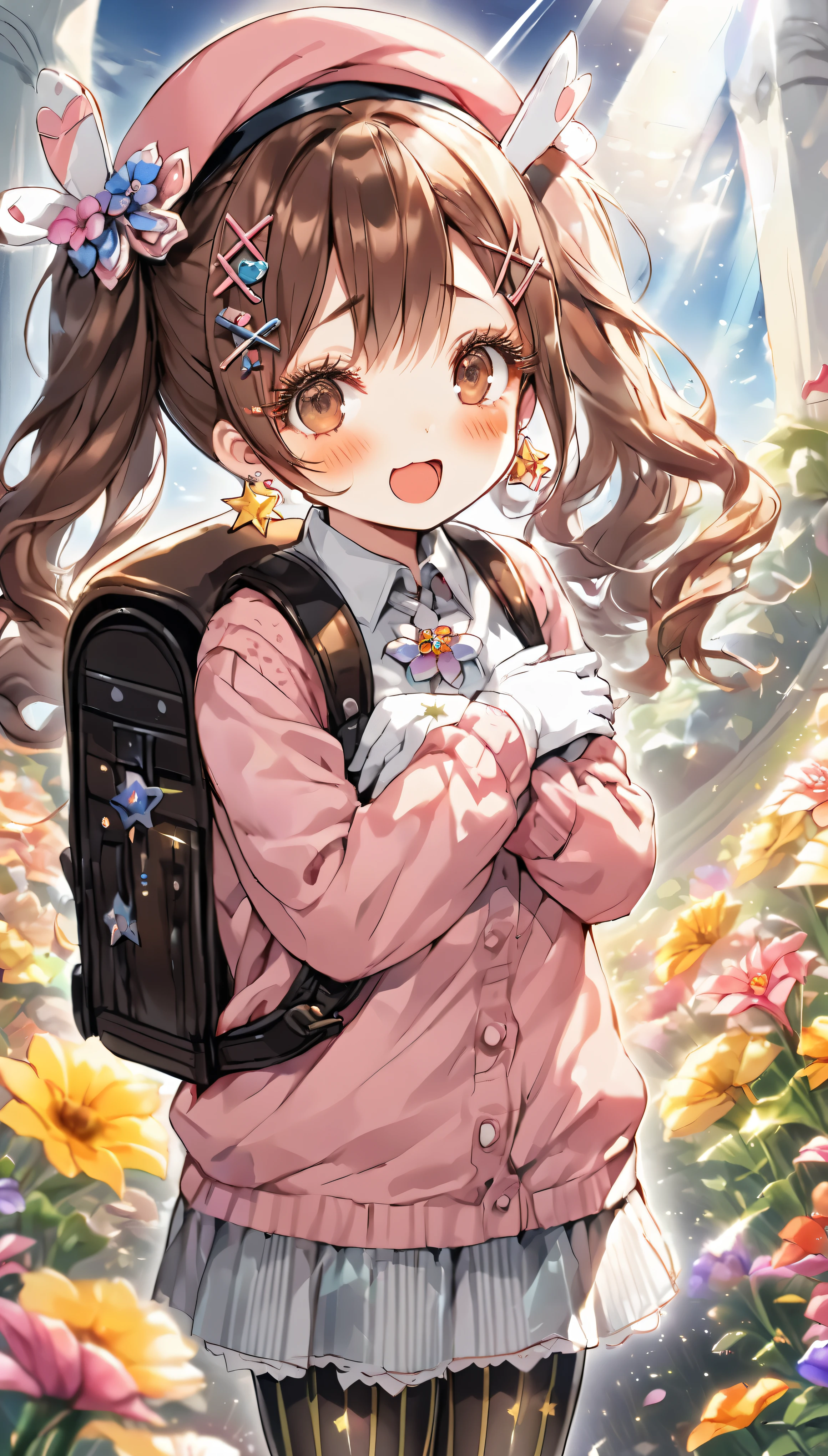 (wonderfulイラスト:1.4),(watercolor:1.25 ), (expensive_quality:1.4),(expensive_solve:1.4),(expensive_meaning:1.4),(tone_mapping:1.2),(color_field:1.3),(detailed_shine:1.2),(Highest_illumination:1.2),(wonderful_detail:1.4),(Highest_light:1.3),(Complex_detail:1.2),(hyper_detail:1.2),(mix_media:1.2),(multicolor:1.2),(magic_realism:1.4), in the atmosphere,
break 1 beautiful girl,(cute:1.5),(Chibi:0.5),(cute:2),(:2),(7 girl),(alone:1.65),break,(small breasts:1.2,),transparent skin,beautiful skin,shy,one beautiful,big breasts,break (hair ribbon, 赤茶colorの髪, twin tails:1.55),(茶colorの目, long eyelashes, double eyelids:1.75),shiny skin,break,star \(symbol\, (gloves, 白いgloves:1.3), (bug, dress,polka dots:1.3) ,(Knee-high boots:1.2),(blush,:d:1.45),
break (rucksack:1.2), (white shirt,pink cardigan, :1.2), (white rabbit ear headband:1.0), (black sneakers:1.0), (gem, brooch,star型イヤリング:1.1), (beret, ×hair ornament:1.3), (vertical striped skirt, striped pantyhose:1.1), (:c),break (flower garden:1.8), (magic circle:1.3), (fantasy:1.5), (long shot:1.5), One, (light:1.2), light, blue sky, Wind, falling petals, illusion effect, magic effect,
break Seaweed,Seaweed,Seaweed,(cowboy shot,From before, Are standing,put your arm on your chest:1.4), look up,
break manga illustration, manga style, line drawing, (sketch:1.2), Rough drawing, (black outline:1.3), thick outline, Contours made by craftsmen, gradation painting, きれいなline drawing,