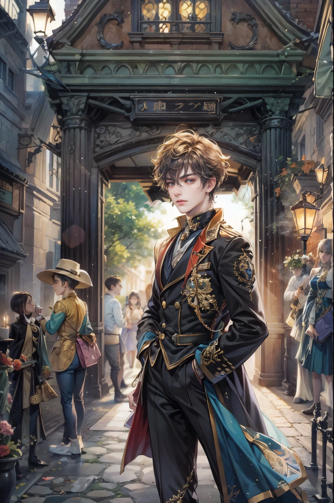 ((Best quality)), ((masterpiece)), (detailed), ((perfect face)), ((halfbody)) Paint a captivating scene featuring the boy male characters from Anime Binan Chikou Boueibu, with a focus on their emotional connection and the harmonious blend of their unique talents. background is a detailed small town and a spooky cobblestone path through a Victorian Gate