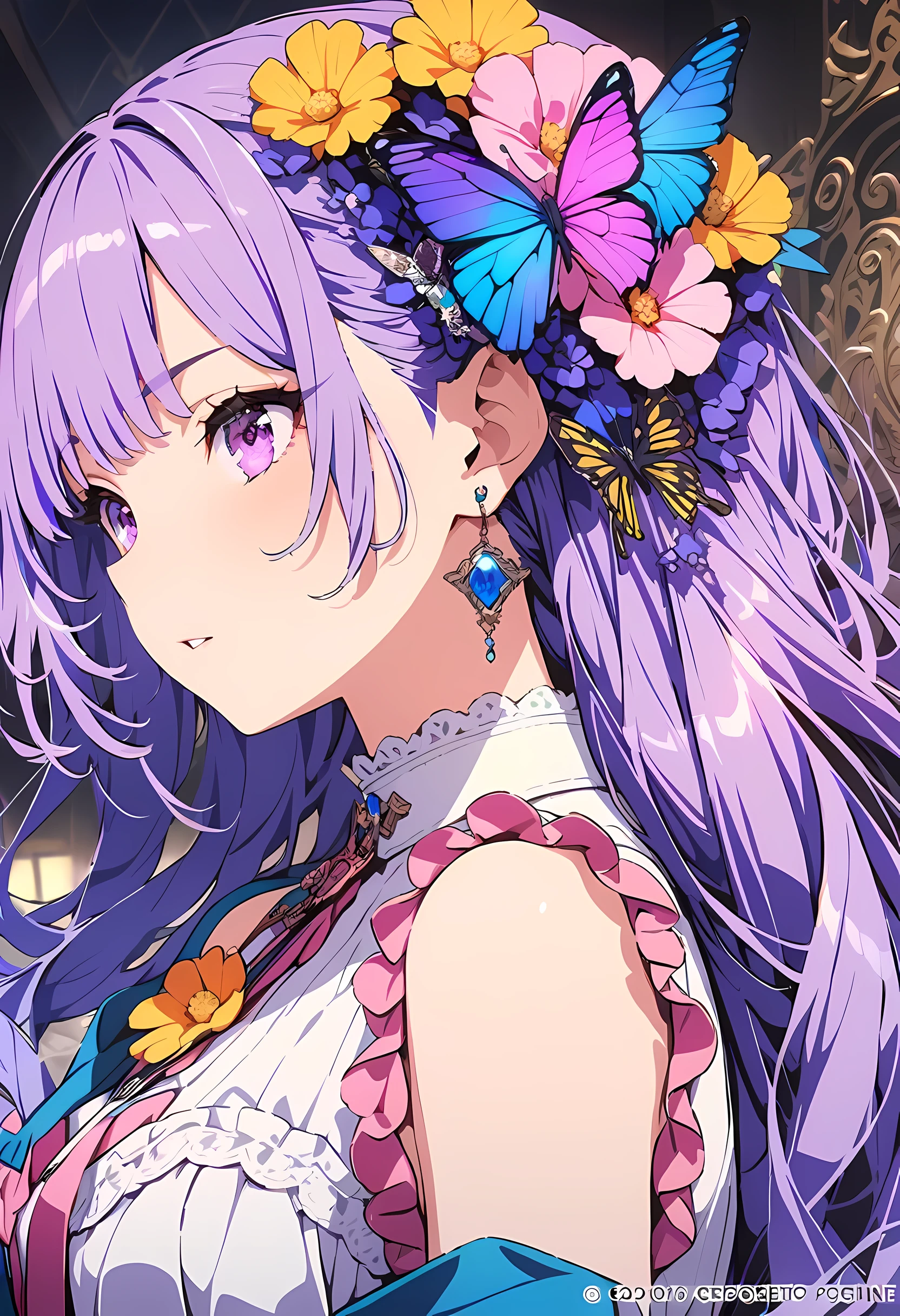 (masterpiece, top quality, best quality, official art, Beautiful and beautiful:1.2), (1 girl), Very detailed,(fractal art:1.3),colorful,most detailed,Upper body, [lace],[jewelry],[flower],[[Butterfly]],