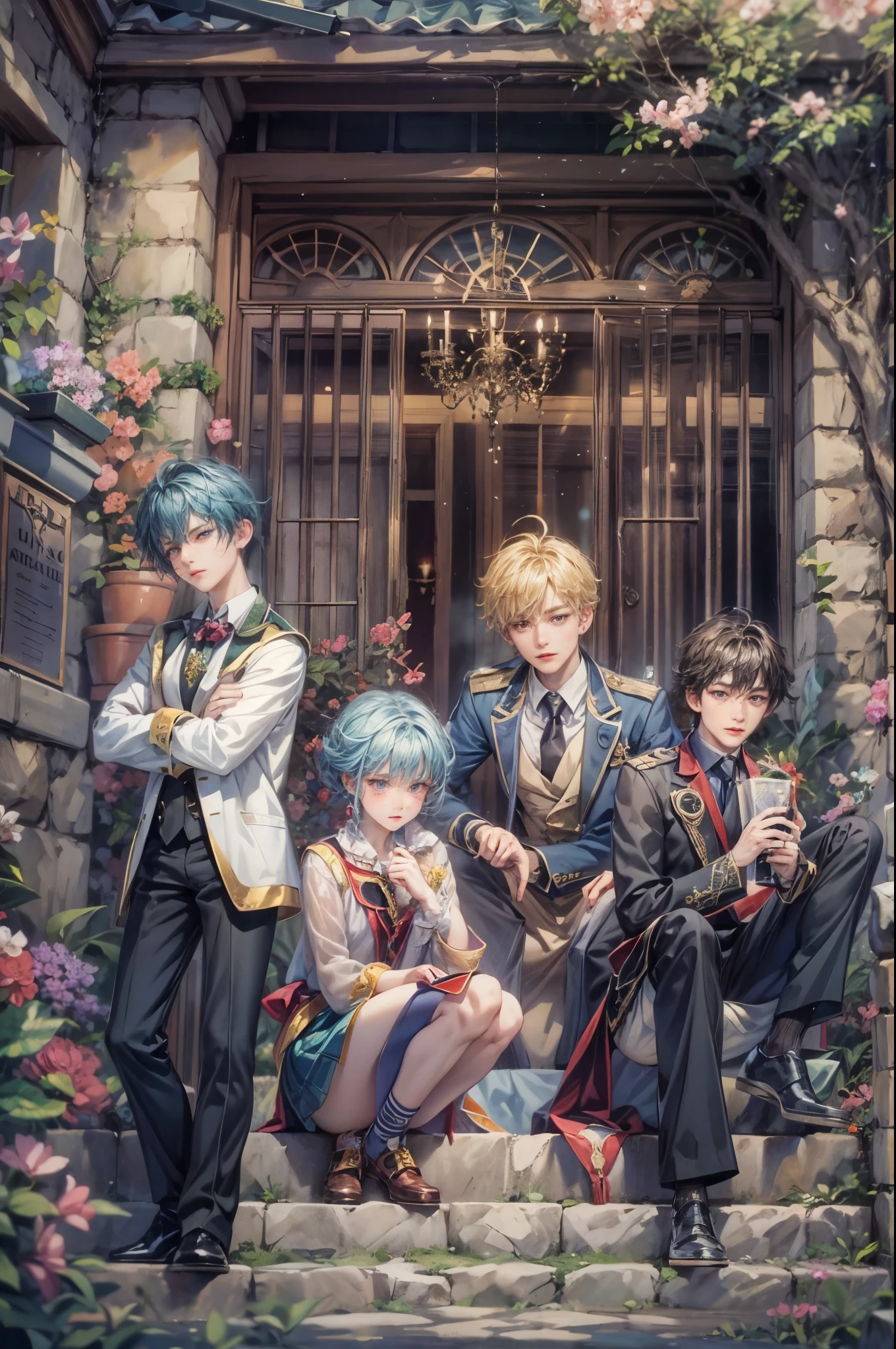 ((Best quality)), ((masterpiece)), (detailed), ((perfect face)), ((halfbody)) Paint a captivating scene featuring the boy male characters from Anime Binan Chikou Boueibu, with a focus on their emotional connection and the harmonious blend of their unique talents. background is a detailed small town and a spooky cobblestone path through a Victorian Gate