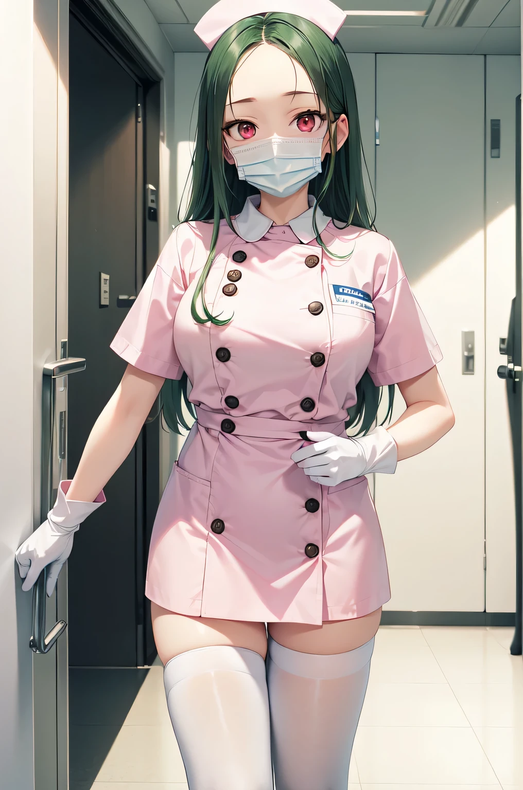 1woman, solo, nurse, white nurse cap, white nurse uniform, ((white legwear, zettai ryouiki)), white gloves, forehead, long hair, green hair, pink eyes, ((white surgical mask, covered nose)), standing, ((hospital room)), sharp outline, short sleeves, mature female, 35 years old, best quality, masterpiece