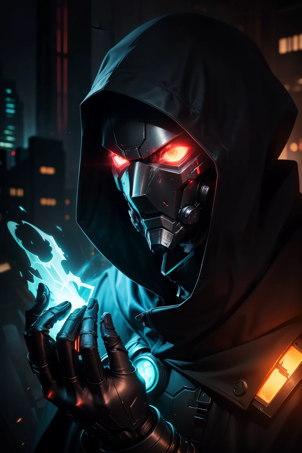 Title: "The Cybernetic Sentinel"
Description:
In the dimly lit underworld of the cyberpunk cityscape, a solitary figure emerges from the shadows. Draped in a hooded cloak of darkest black, the portrait subject's face remains concealed, his identity veiled by the enigmatic Manhattan project. His haunting gaze is revealed only through the narrow slits of his fiery red neon-lit mask. The mask, in turn, highlights his piercing, emerald-green eyes, flickering with the arcane knowledge and indomitable will of the cybernetic sentinel he has become.
His hands, glowing with a faint