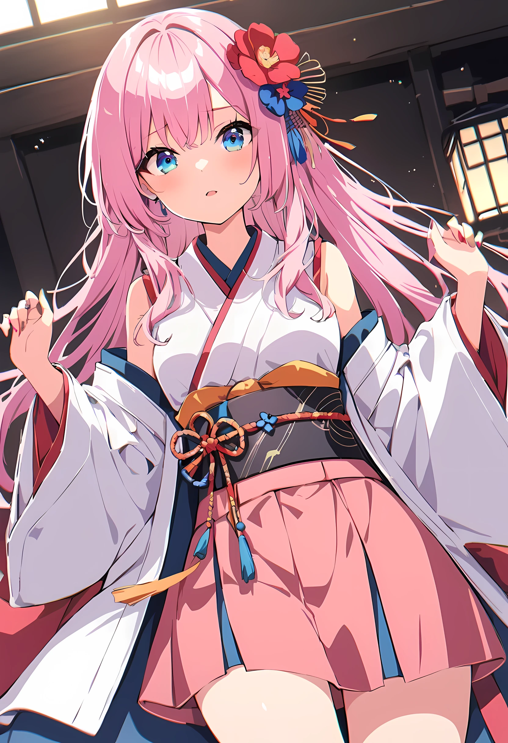 masterpiece, best quality,Lax-BK, 1 girl, alone, long hair, pink hair, very long hair, blue eyes, hair accessories, japanese clothes, separate sleeves