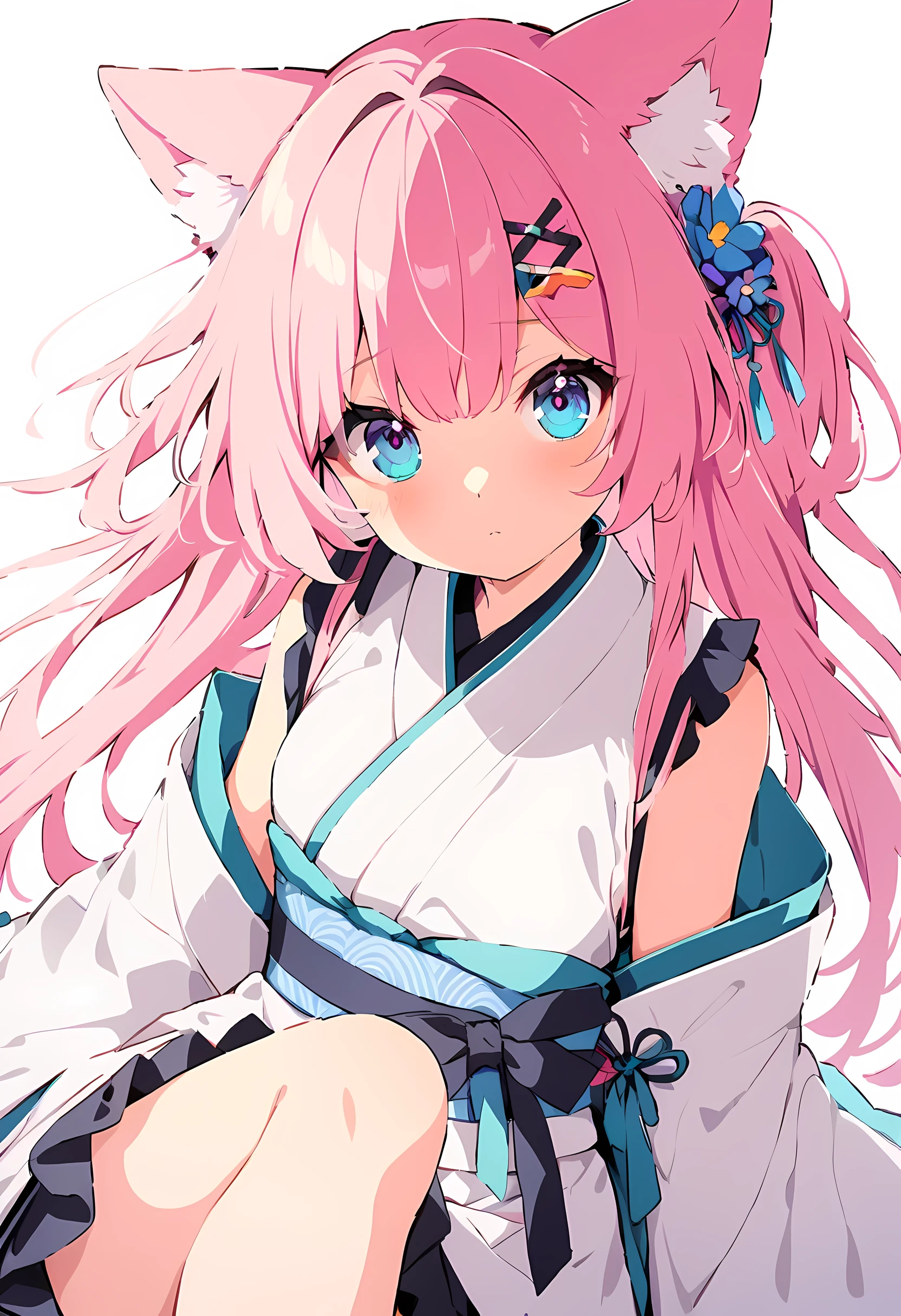 masterpiece, best quality,Lax-BK, 1 girl, alone, long hair, pink hair, very long hair, blue eyes, hair accessories, japanese clothes, separate sleeves
