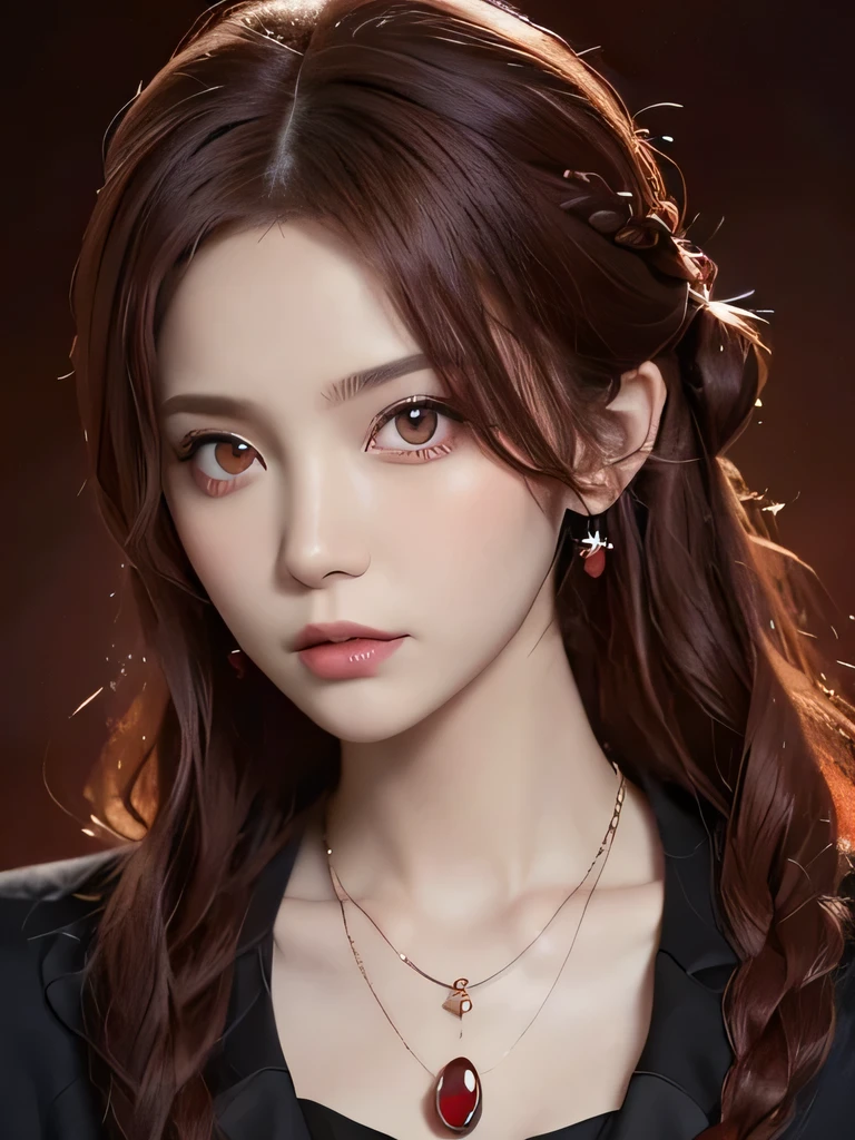 (in the dark:1.6), Surrealist female portraits by David Hockney and Alphonse Mucha,fantasy art, 4k, Award history,, 1 girl, in the dark, deep shadow, secret key,cowboy shot,(Formal wear:1.4) ,long wavy hair,redhead,clavicle、flame background、redhead、red background、red spirit clothes、earrings、necklace、red tattoo、red eyes、she is a spirit、close up of face、red eyes、bright red eyes、Red contact、close up of face、red eyes、look up、red fairy costume、bright red eyes、red headband、red eyes、Braid、