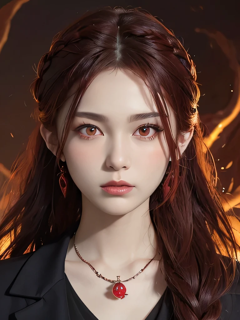 (in the dark:1.6), Surrealist female portraits by David Hockney and Alphonse Mucha,fantasy art, 4k, Award history,, 1 girl, in the dark, deep shadow, secret key,cowboy shot,(Formal wear:1.4) ,long wavy hair,redhead,clavicle、flame background、redhead、red background、red spirit clothes、earrings、necklace、red tattoo、red eyes、she is a spirit、close up of face、red eyes、bright red eyes、Red contact、close up of face、red eyes、look up、red fairy costume、bright red eyes、red headband、red eyes、Braid、