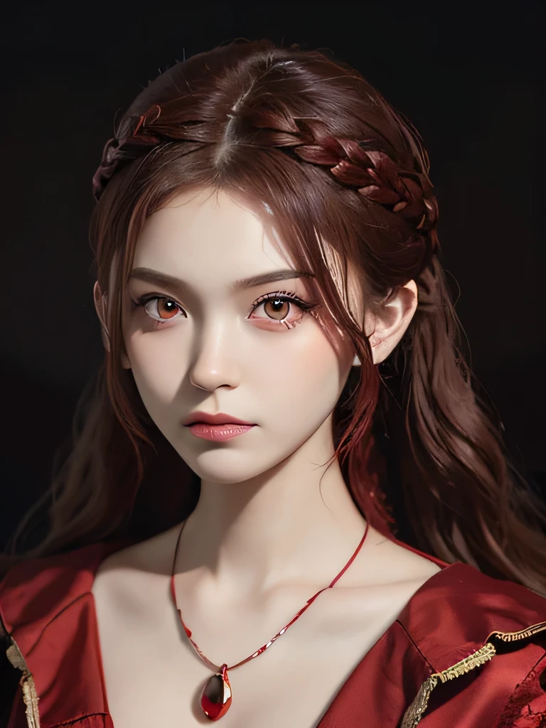 (in the dark:1.6), Surrealist female portraits by David Hockney and Alphonse Mucha,fantasy art, 4k, Award history,, 1 girl, in the dark, deep shadow, secret key,cowboy shot,(Formal wear:1.4) ,long wavy hair,redhead,clavicle、flame background、redhead、red background、red spirit clothes、earrings、necklace、red tattoo、red eyes、she is a spirit、close up of face、red eyes、bright red eyes、Red contact、close up of face、red eyes、look up、red fairy costume、bright red eyes、red headband、red eyes、Braid、