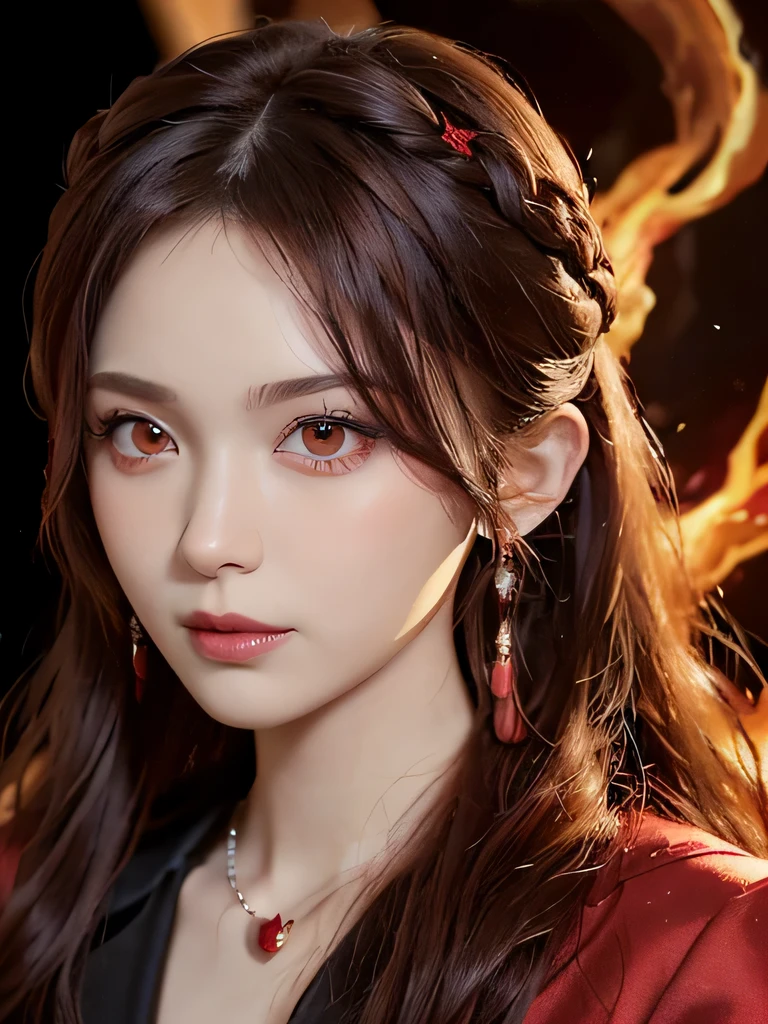 (in the dark:1.6), Surrealist female portraits by David Hockney and Alphonse Mucha,fantasy art, 4k, Award history,, 1 girl, in the dark, deep shadow, secret key,cowboy shot,(Formal wear:1.4) ,long wavy hair,redhead,clavicle、flame background、redhead、red background、red spirit clothes、earrings、necklace、red tattoo、red eyes、she is a spirit、close up of face、red eyes、bright red eyes、Red contact、close up of face、red eyes、look up、red fairy costume、bright red eyes、red headband、red eyes、Braid、