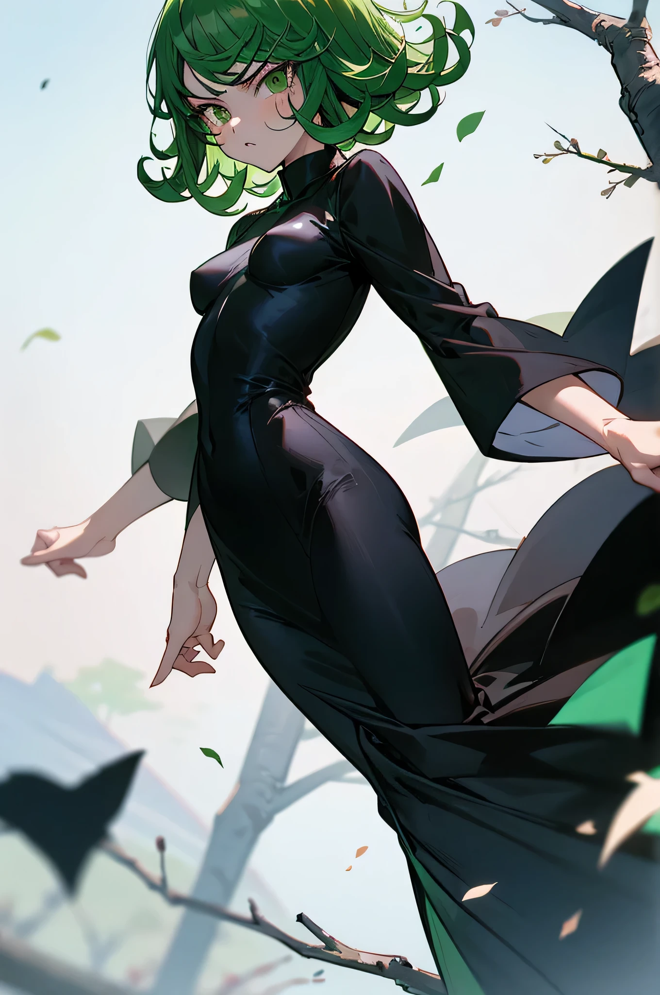 Tatsumaki is a 28 year old woman., Despite his youthful appearance, He has an energetic and slender body. His figure is quite small, with a thin body on top, but slightly thicker at the bottom. He has a flat chest, wide hips and big thighs, which gives it a very feminine appearance. Her hair is emerald and her eyes are also the same tone.. when he gets angry, her hair starts to shine brightly. She usually wears a tight black dress that highlights her curves and shows off her long legs.. Her legs are one of her most notable features., since they are long and elegant. In general, Tatsumaki has a powerful and attractive appearance that reflects his dominant personality..