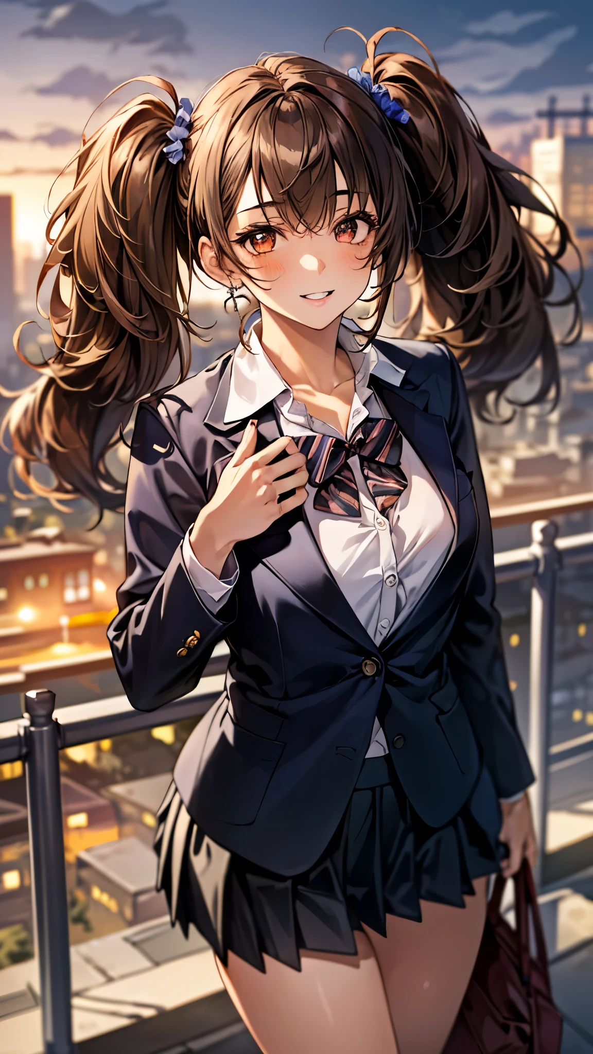 (masterpiece:1.3, top-quality, ultra high res, ultra detailed), (realistic, photorealistic:1.4), beautiful illustration, perfect lighting, colorful, depth of fields,
beautiful detailed hair, beautiful detailed face, beautiful detailed eyes, beautiful clavicle, beautiful body, beautiful chest, beautiful thigh, beautiful legs, beautiful fingers,
looking at viewer, front view:0.6, 1 girl, japanese, high school girl, perfect face, (perfect anatomy, anatomically correct), cute and symmetrical face, face, , shiny skin,
(long hair:1.5, twintails:1.5, rosy brown hair), asymmetrical bangs, brown eyes, long eye lasher, (medium breasts), slender,
((navy blazer, collared white shirt, navt pleated skirt)), dark red bow tie, piercing,
(beautiful scenery), evening, (city, cityscape in the distance), standing, (hand on chest), (happy smile, parted lips),